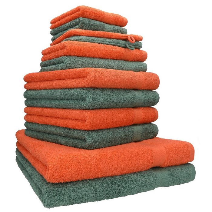 Betz Handtuch Set 12-TLG. Handtuch Set Premium 100% Baumwolle 2 Duschtücher 4 Handtücher 2 Gästetücher 2 Seiftücher 2 Waschhandschuhe Farbe blutorange/tannengrün 100% Baumwolle (12-tlg)