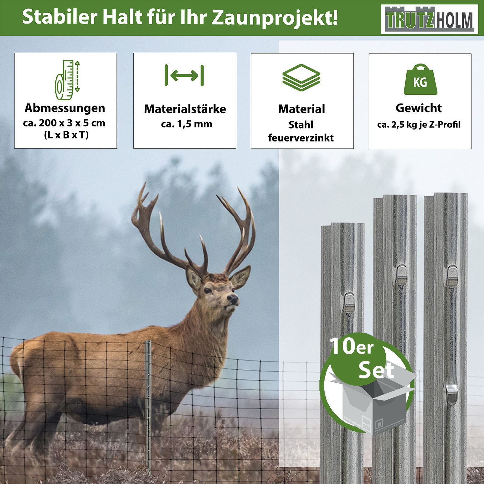 TRUTZHOLM Zaunpfosten Z-Profil Zaunpfosten 200 cm feuerverzinkt 10x Zaunpfä günstig online kaufen