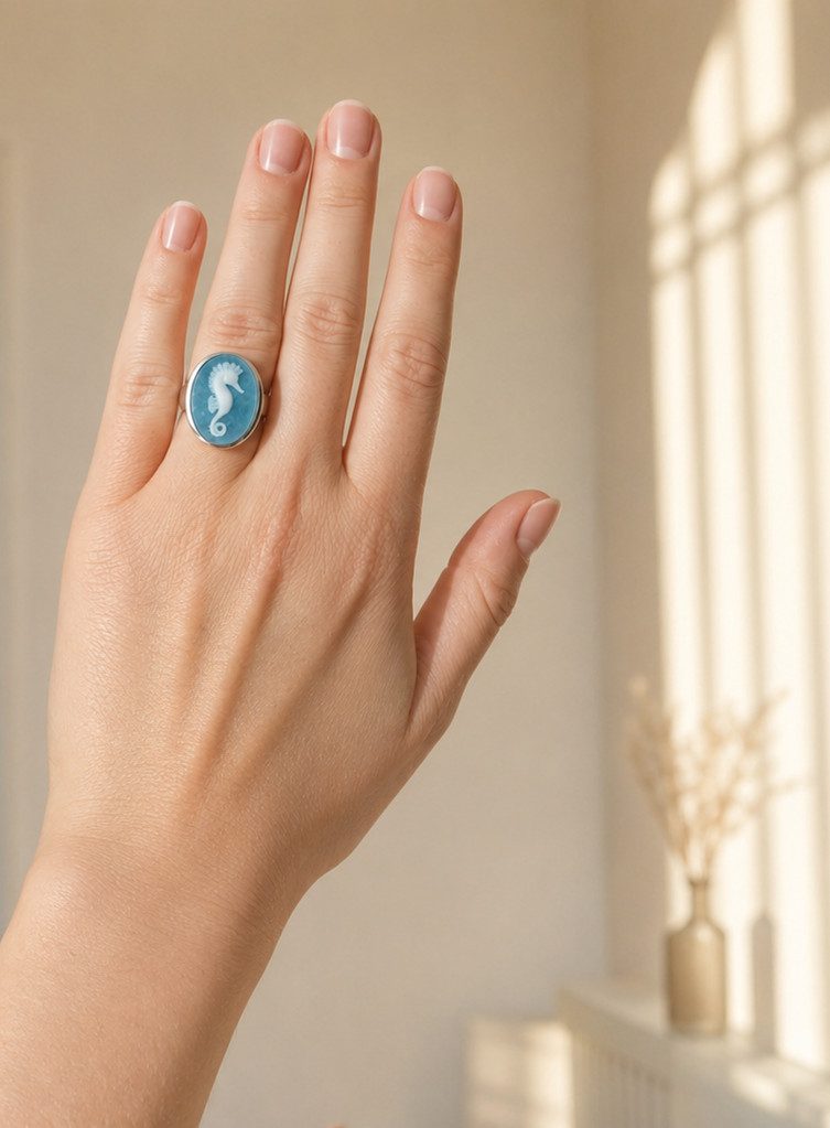 Sogni d'oro Fingerring "Seepferdchen" mit Aventurin Kamee, Silber 925