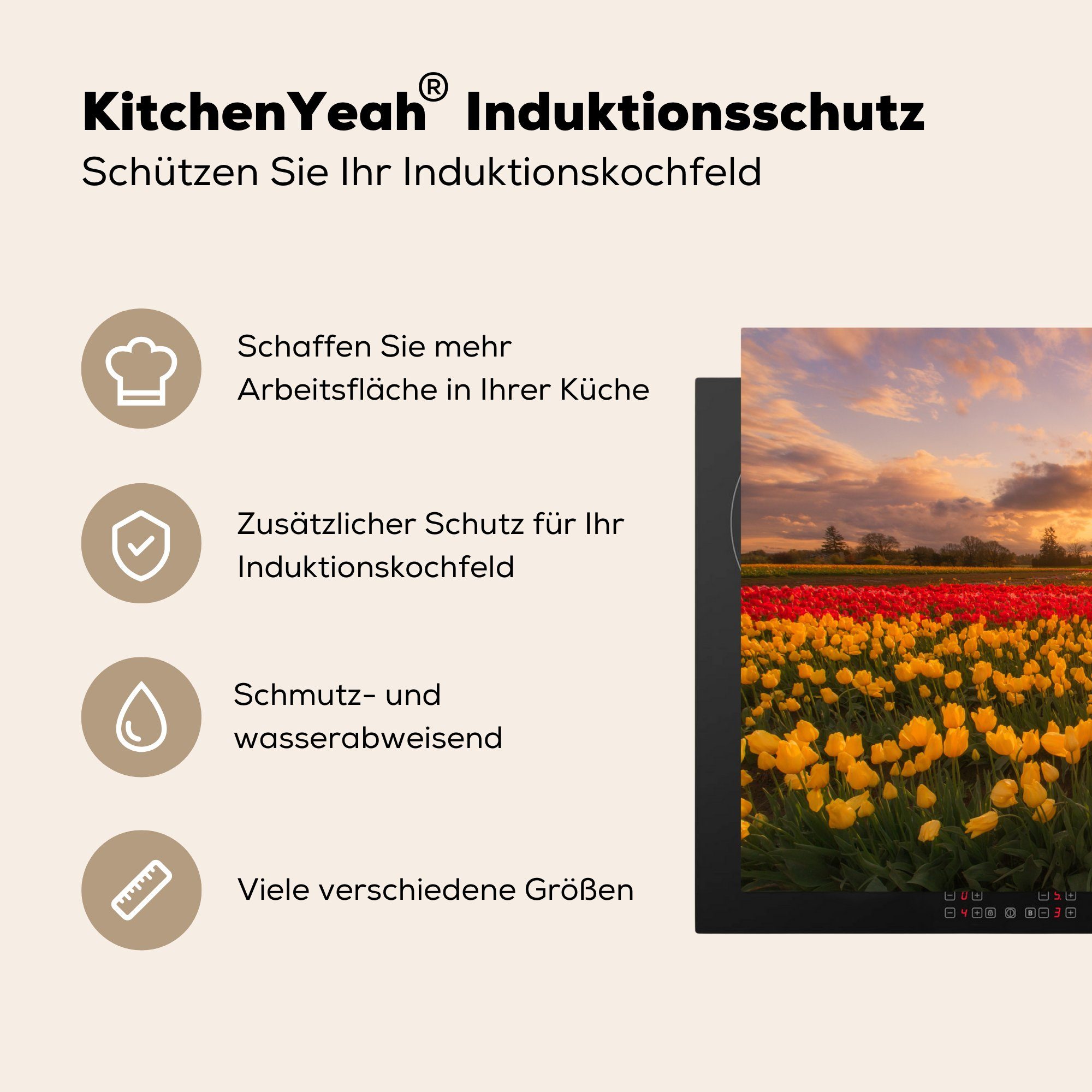 MuchoWow küche tlg), Gelbe Herdblende-/Abdeckplatte Vinyl, cm, Ceranfeldabdeckung, für Feldtulpen, Arbeitsplatte (1 83x51