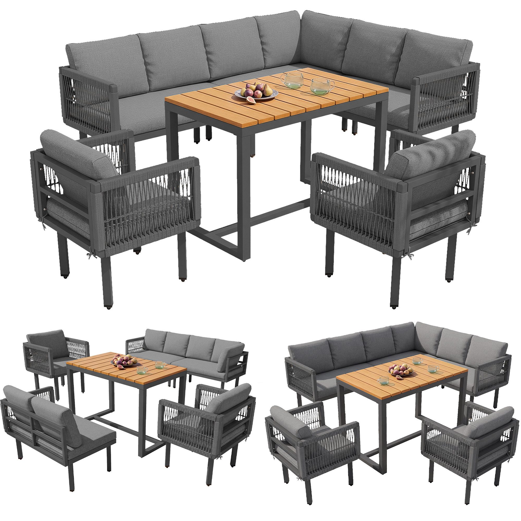 OKWISH Gartenlounge-Set für Balkon, Terrasse und Garten, (Ecksofa mit 2 Sesseln & Tisch, wetterfestes Stahlgestell, Seilgeflecht-Design, 5-tlg), mit Relaxfunktion