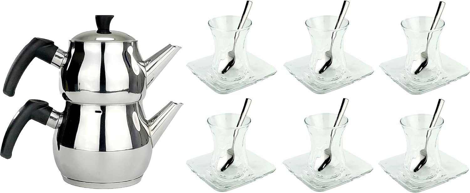 Neudorf Teeservice Türkisches Tee Set 19-teilig, 6 Personen, zum Zubereiten von Schwarztee, Edelstahll/ Glas, rostfrei