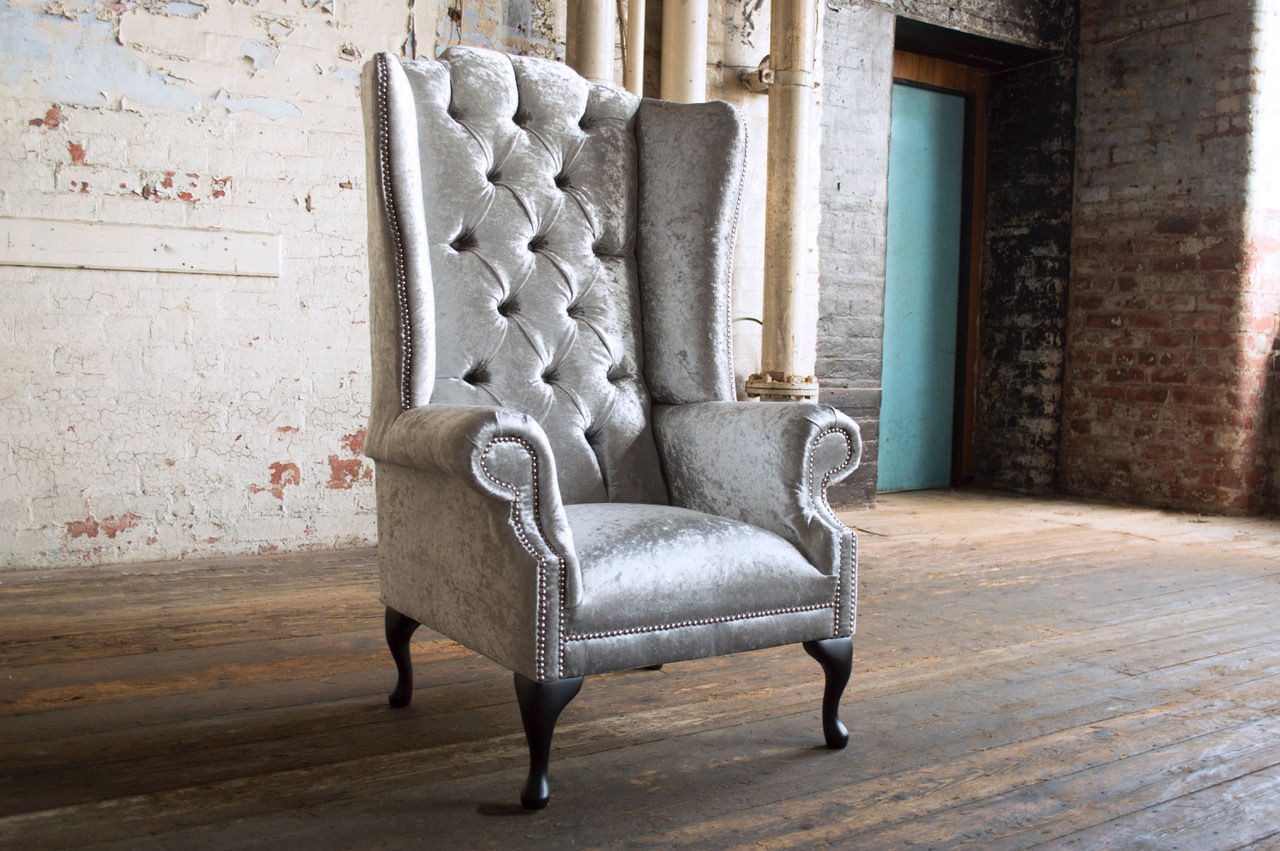 JVmoebel Ohrensessel Chesterfield Sessel aus Echtleder in Silber mit Holzfüßen (Packung, 1-St., Chesterfield Sessel), Made in Europa