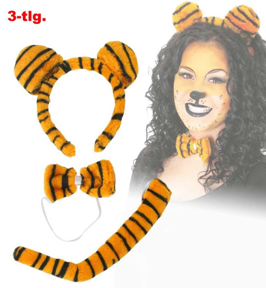 Fries Kostüm 3-teiliges Tiger Set Haarreif Fliege Schwanz Halloween Karneval Party