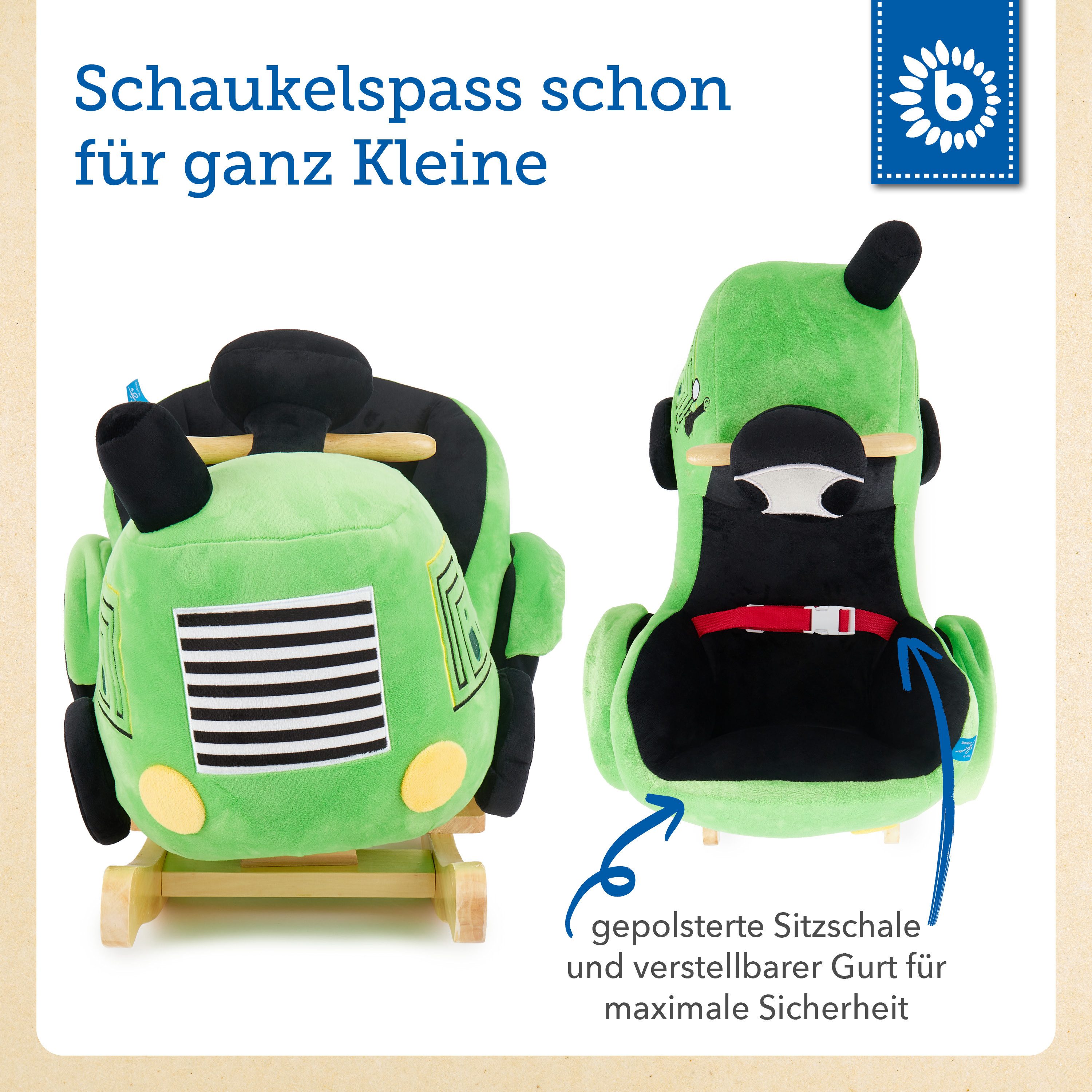 BIECO Schaukeltier Schaukeltier Traktor aus Plüsch & Holz – Schaukelpferd ab 9 M