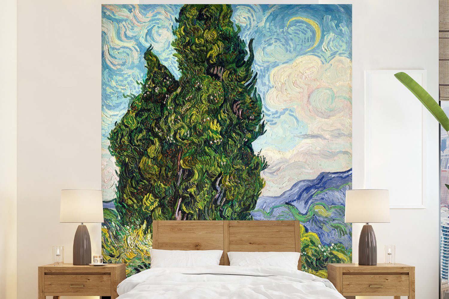 MuchoWow Fototapete Landschaft mit Zypressen - Vincent van Gogh, Matt, bedruckt, (3 St), Vliestapete für Wohnzimmer Schlafzimmer Küche, Fototapete