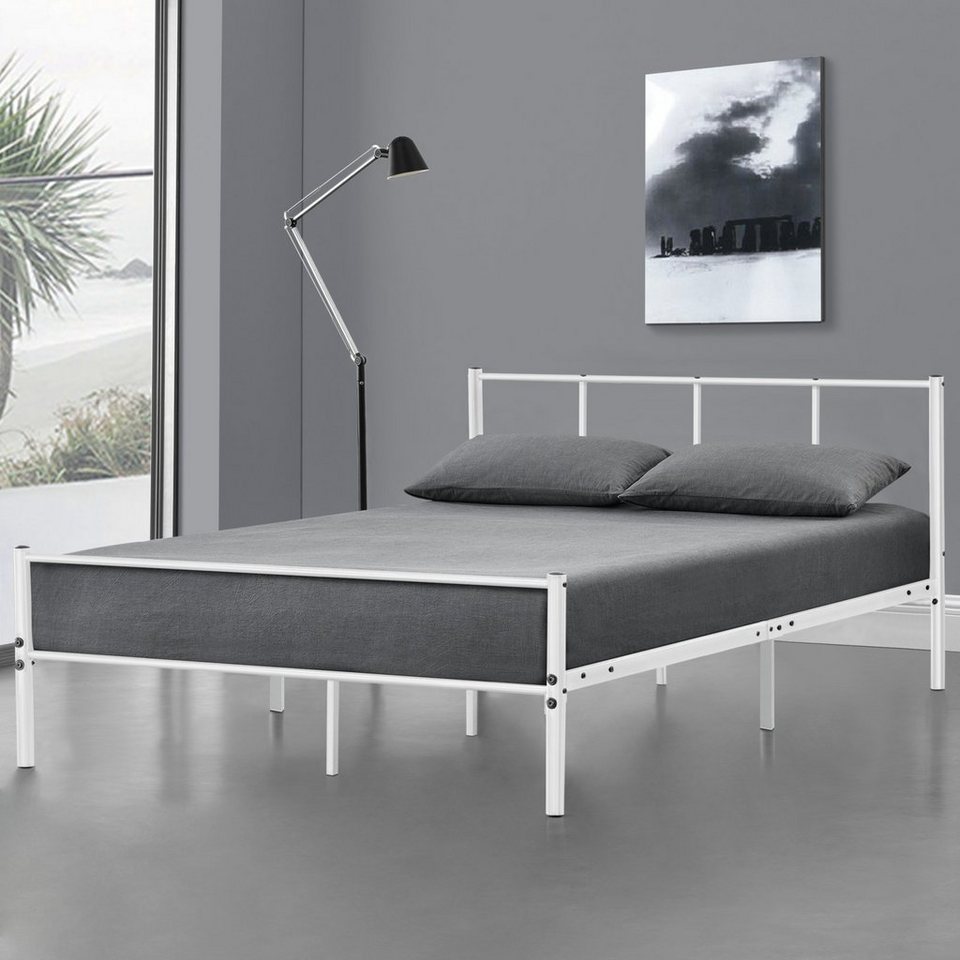 en.casa ® Metallbett mit Matratze 160x200cm Weiß Bett Bettgestell Doppelbett 