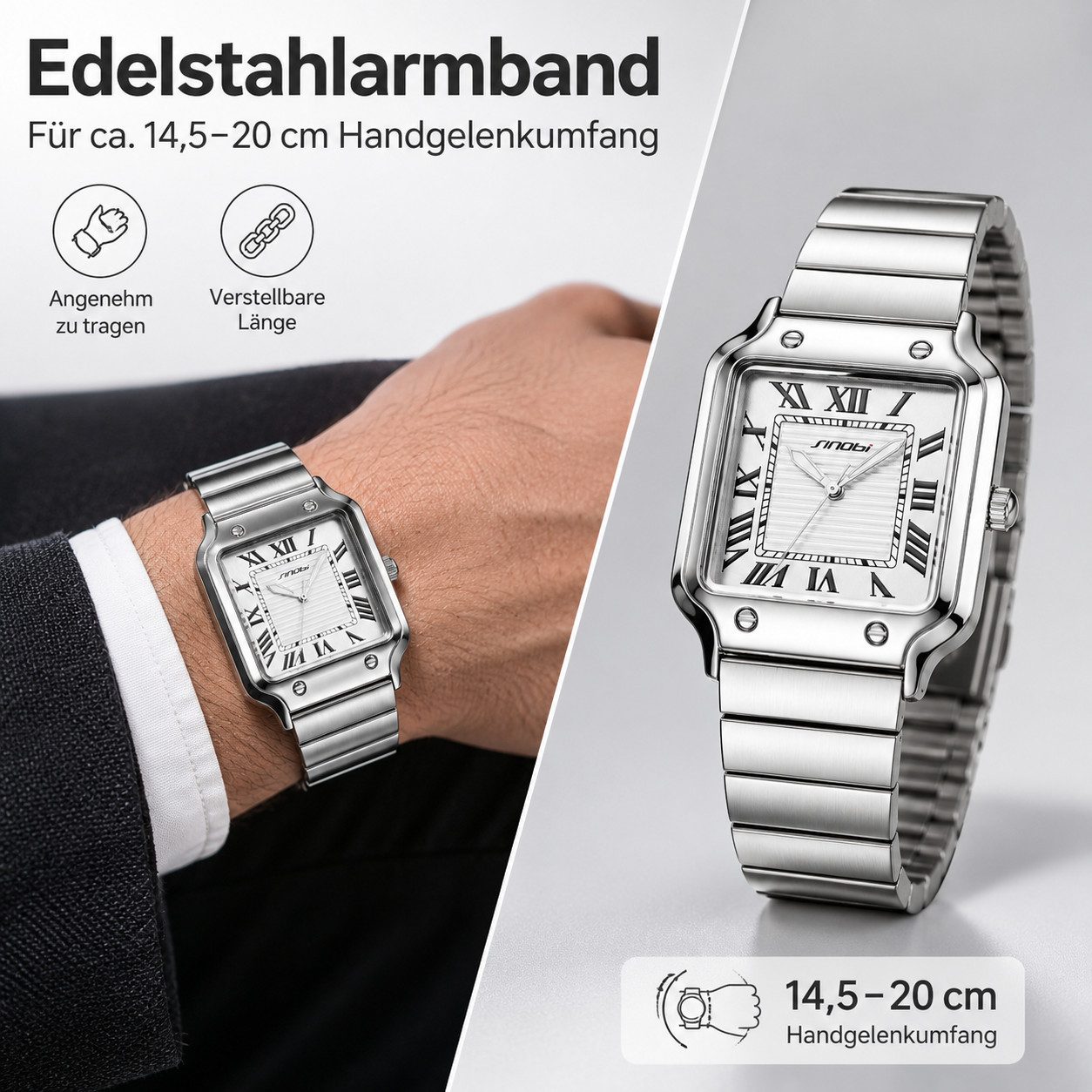 Fyrove Quarzuhr Herren Armbanduhr Edelstahl mit quadratischem Zifferblatt, (römischen Ziffern, 3 ATM, schlankem Gehäuse), 20 mm Metallarmband, Geschenkbox
