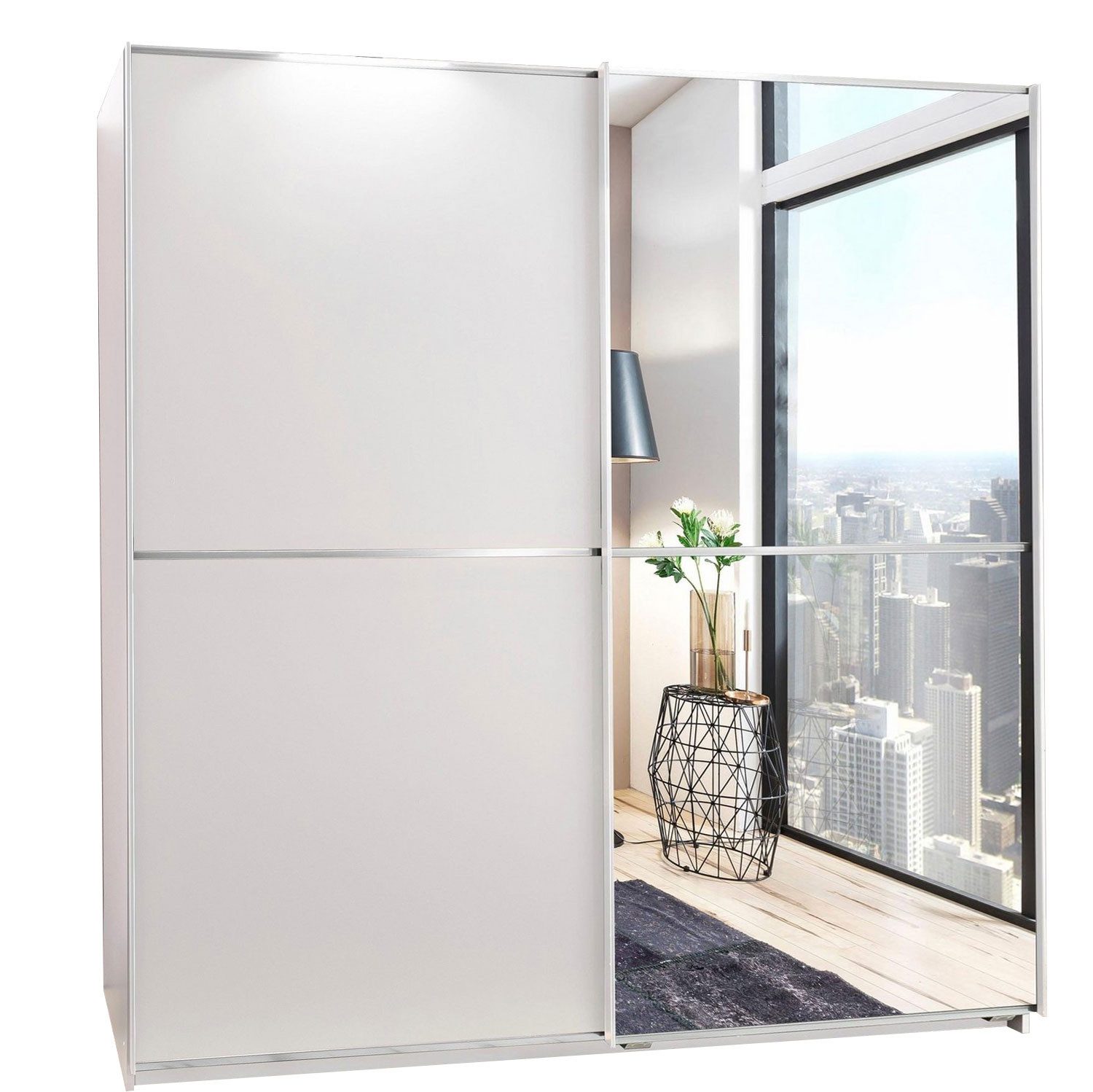 Wimex Schwebetürenschrank Baden (mit Schwebetüren, mit Kleiderstange, mit Einlegeböden, 1-St., moderne Optik, 2-türig mit Spiegel) 180x64x198cm weiß Spiegel