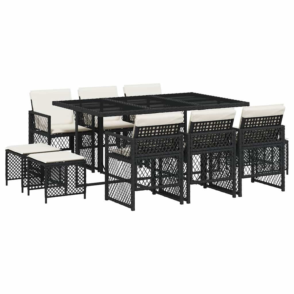 vidaXL Garten-Essgruppe 11-tlg. Garten-Essgruppe mit Kissen Schwarz Poly Rattan, (10-tlg)