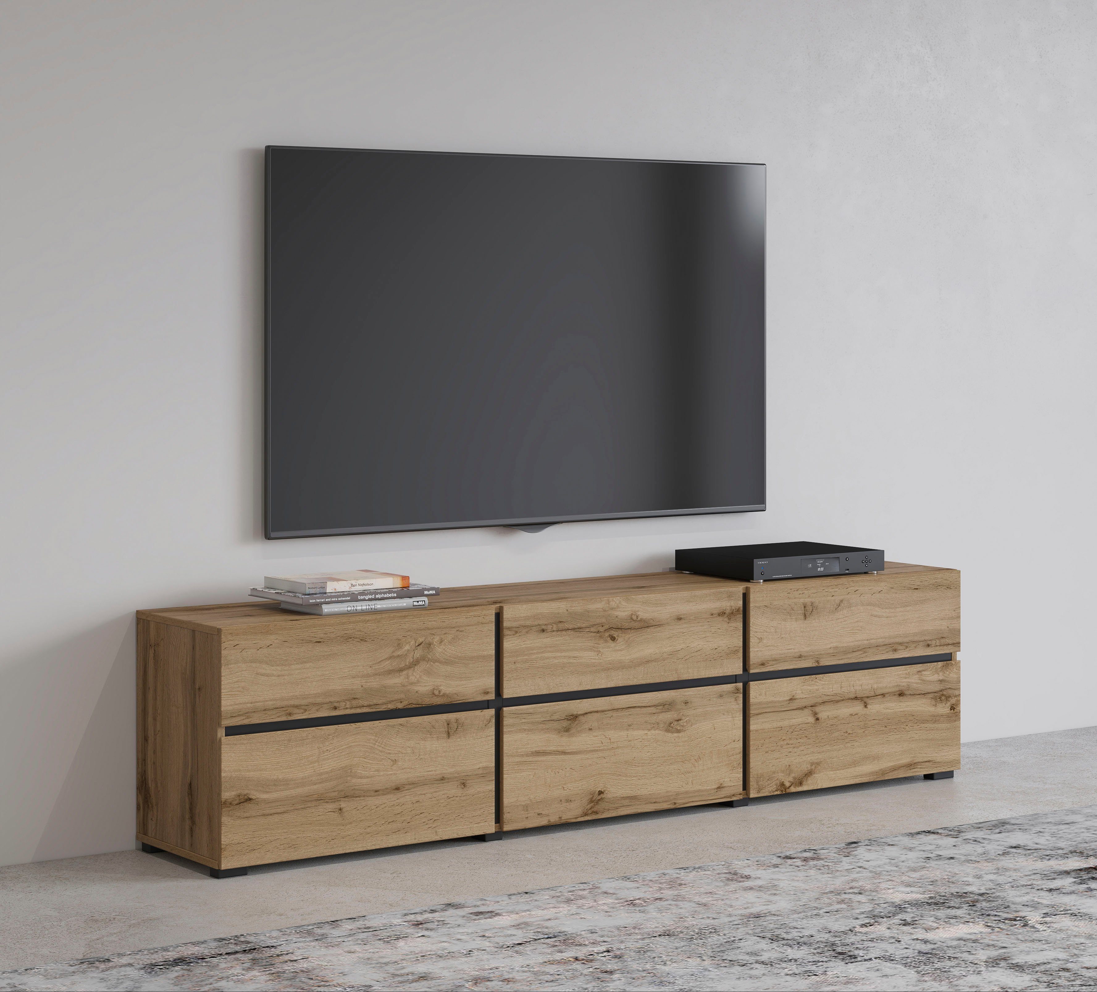 INOSIGN Lowboard Cross, moderne grifflose TV-Kommode,3 Klappen/3 Schubkästen, Breite 180 cm, TV-Schrank mit viel Stauraum, TV-Board