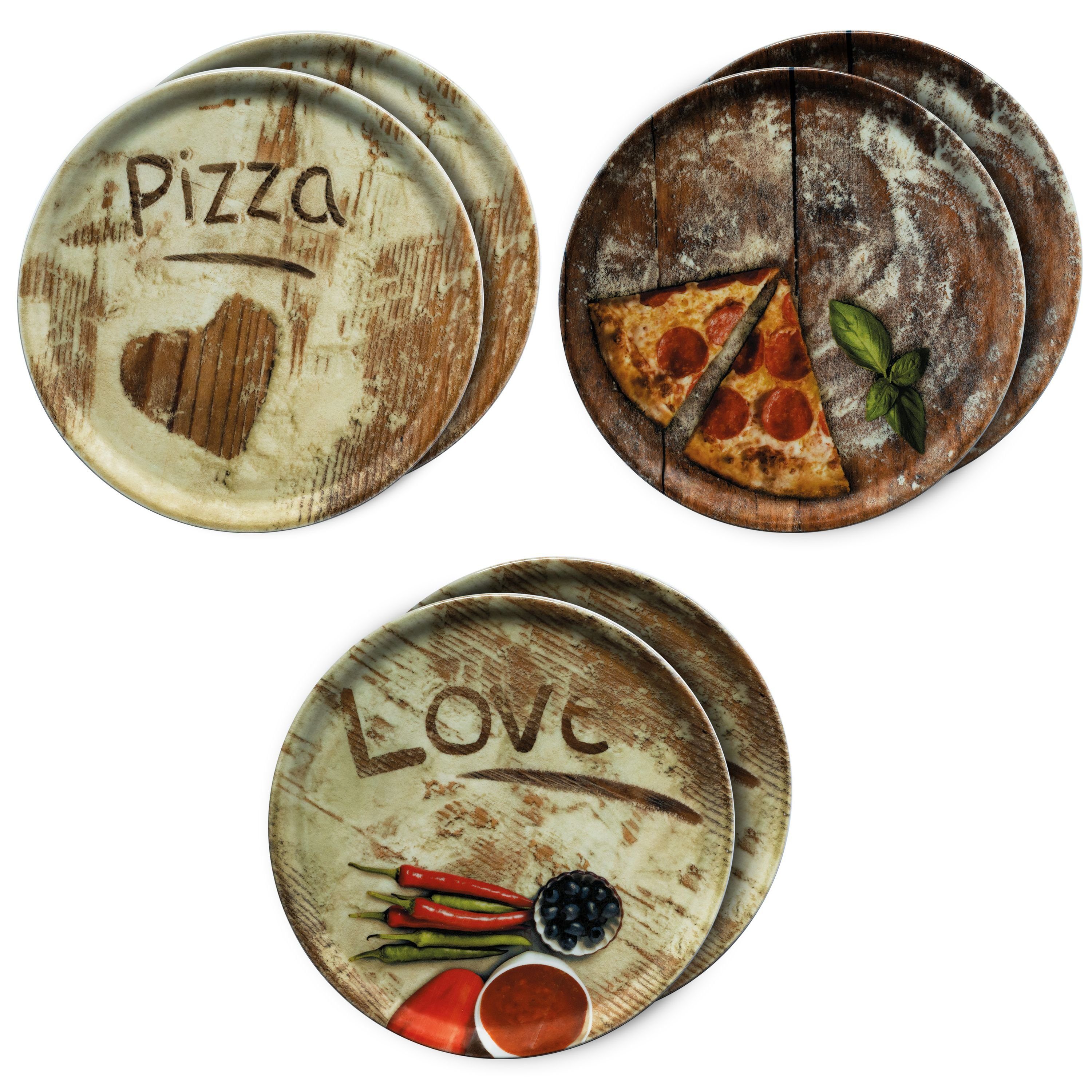 Pizzateller 6er Set Pizzateller 33cm Flour Olive + Salami + Lieblingspizza