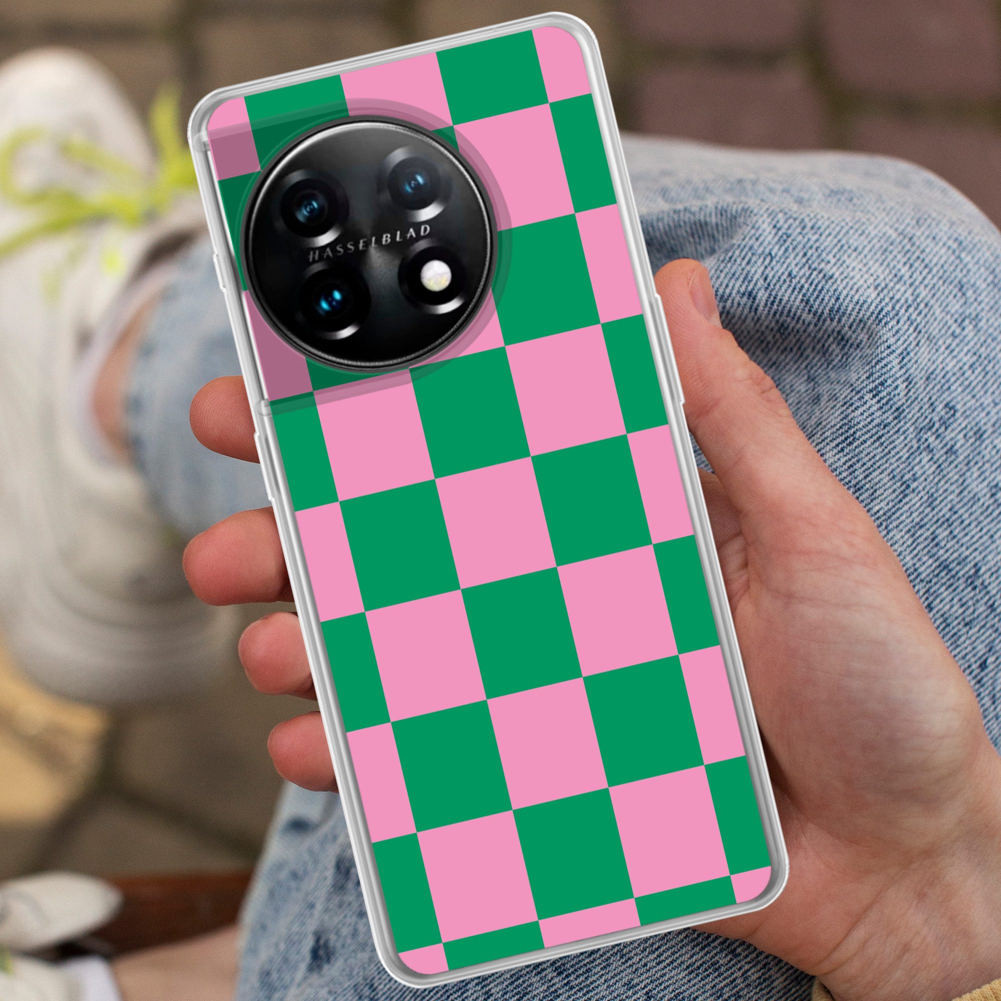 MuchoWow Handyhülle für OnePlus 11 Schachbrettmuster - Grün - Rosa - Würfel, Handy Case, Silikon, Bumper Case Dünn