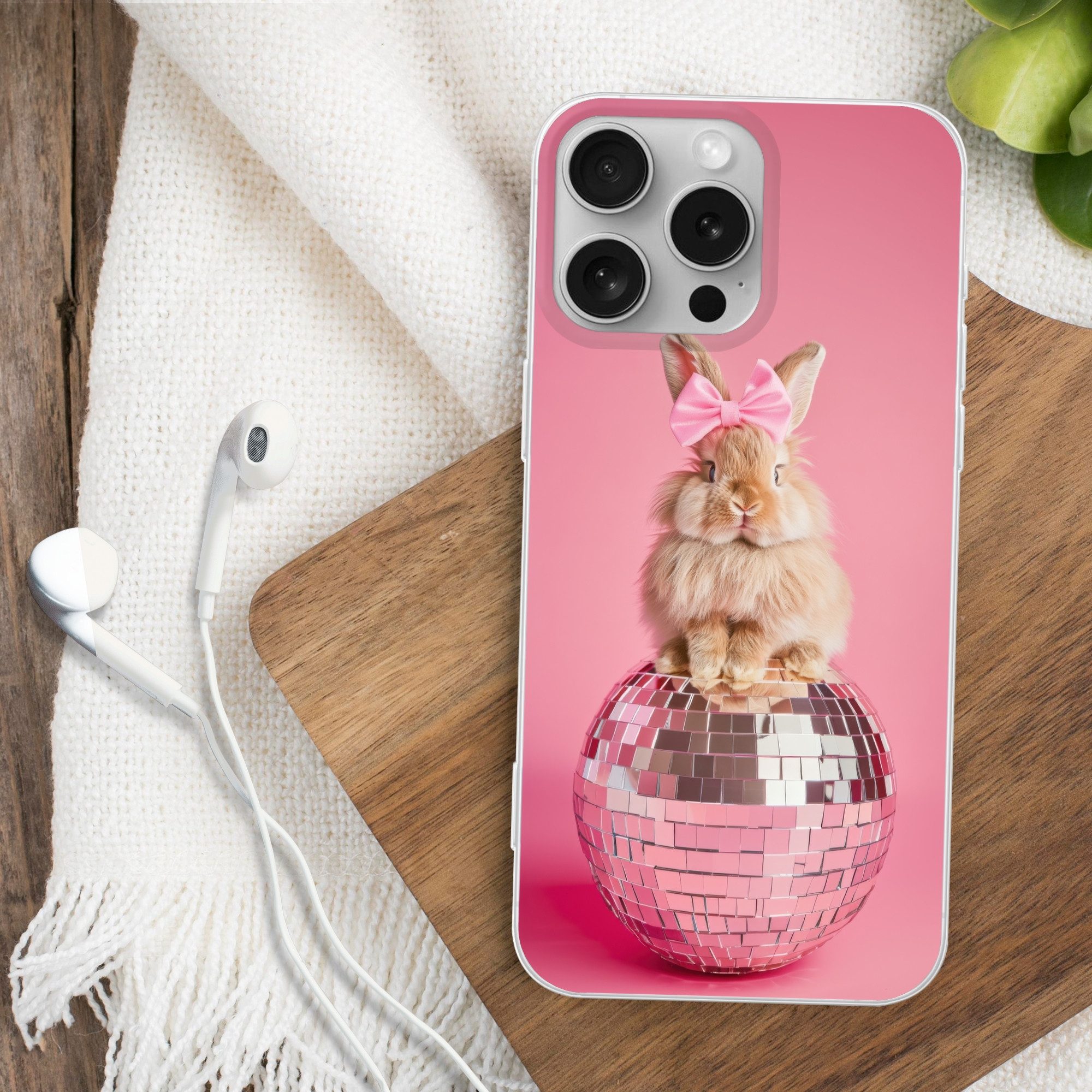 MuchoWow Handyhülle für Apple iPhone 16 Pro Max Schleife - Discoball - Kaninchen, Smartphone-Bumper, Print, Handy Schutzhülle Dünn