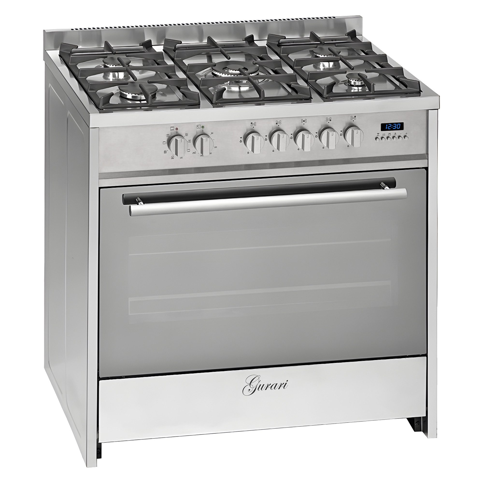 GURARI Gas-Standherd 90 cm Range Cooker, Ausführung: Edelstahl (Inox), Gusseisen, Erdgas oder Propangas, Automatischer Betrieb, Digitaluhr mit elektronischem Programmierer GCH E 911 X...., mit 1-fach-Teleskopauszug, Easy-Clean-Emaille, Freistehender Gas-Elektro-Herd mit XXL Backofen 121 L Multi-8