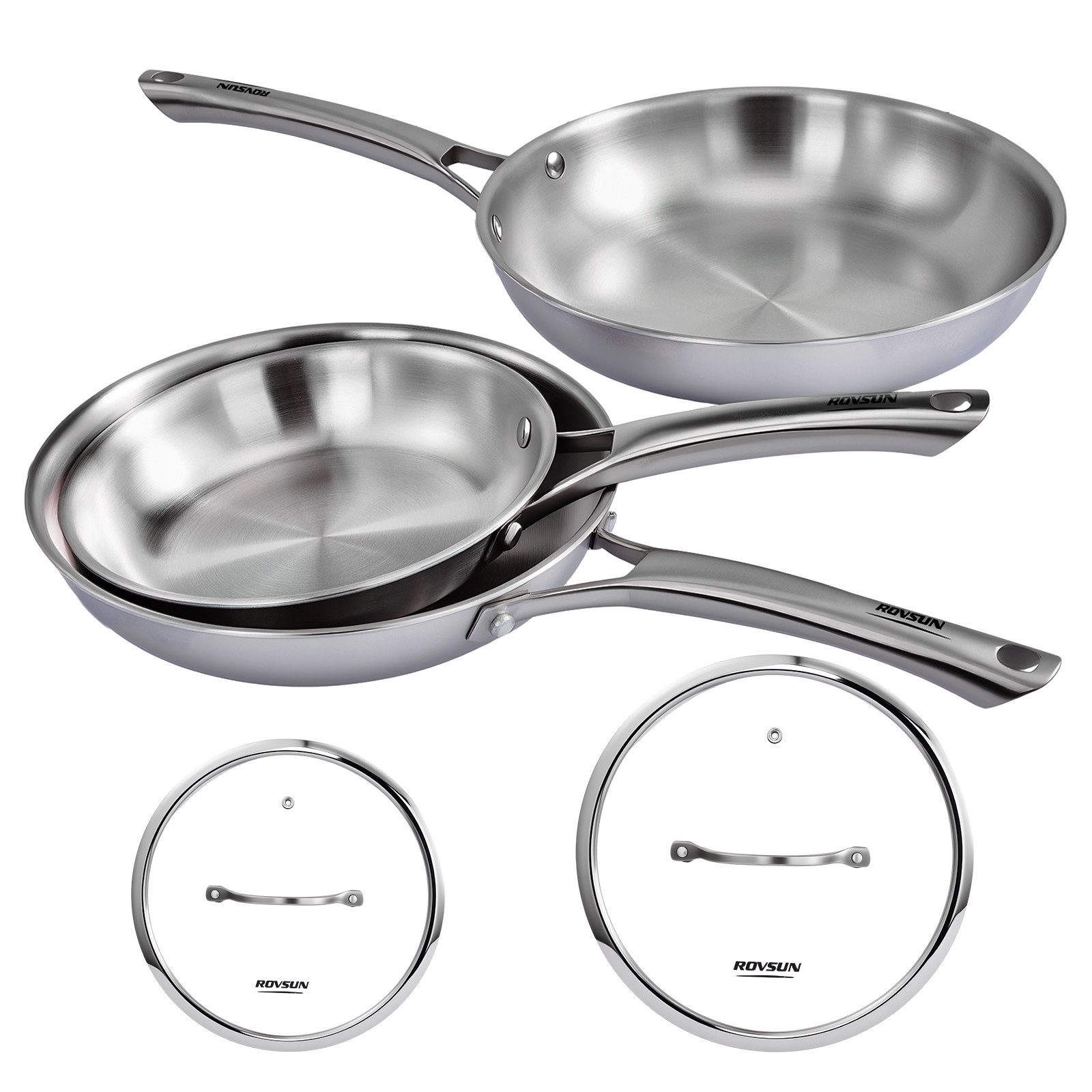 VINGLI Pfannen-Set Pfannenset Edelstahl, Bratpfannen, PTFE frei, (5-tlg., 3 Pfannen mit 2 Glasdeckeln), 20, 24 und 28 cm, für alle Herdarten, Spülmaschinenfest