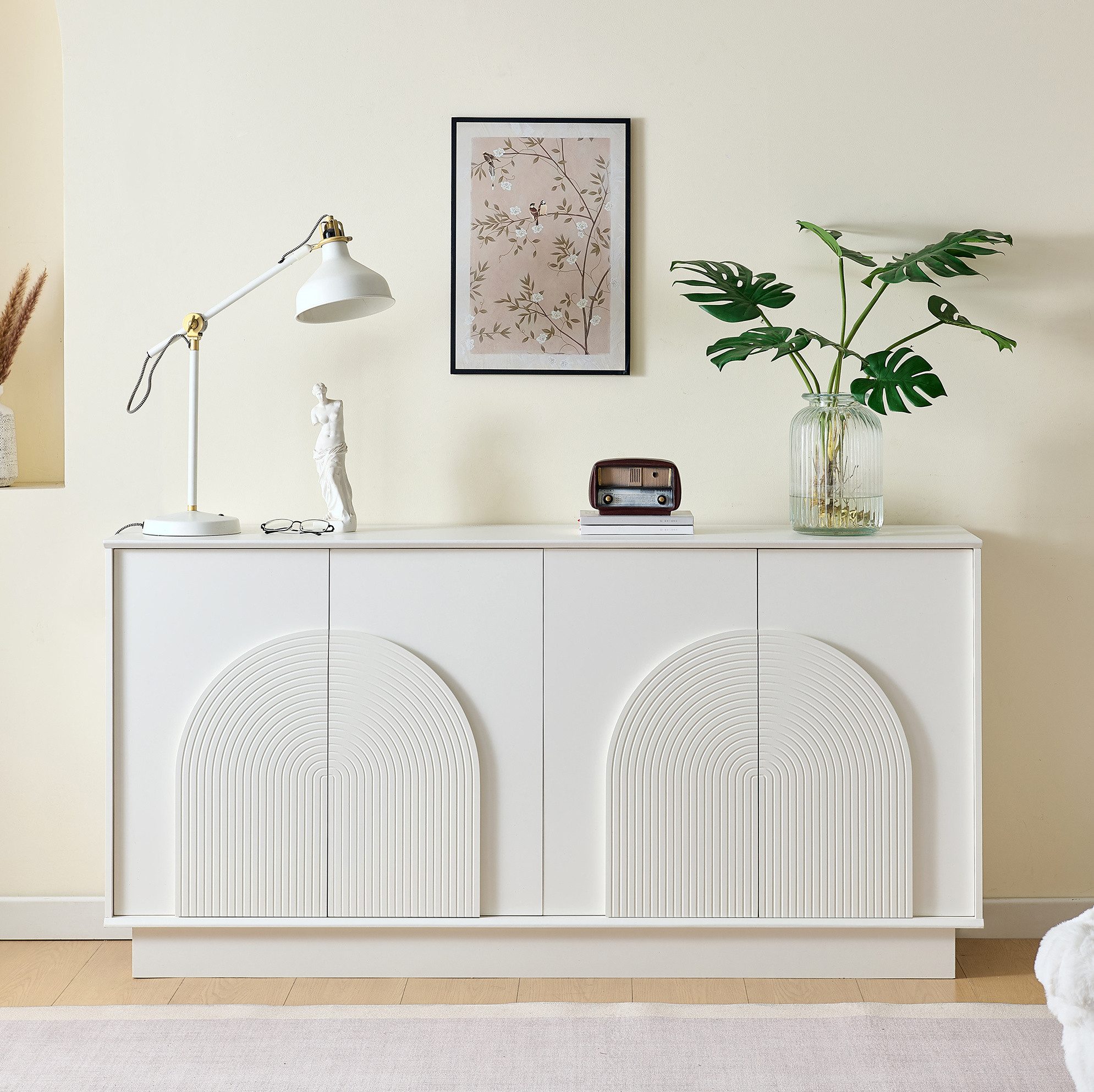 MODFU Sideboard Stabiles Buffet mit viel Stauraum & elegantem Design (Packung, 1 St., Weiß, gewölbte Paneele, für Wohnzimmer), 160×80×38 cm, 4 Türen, großzügige Regale