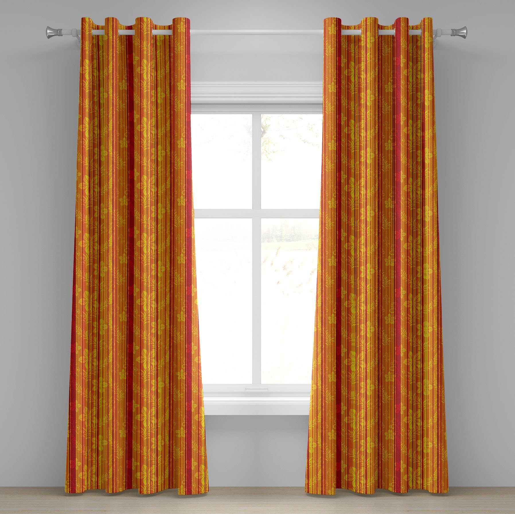 Gardine Dekorative 2-Panel-Fenstervorhänge für Schlafzimmer Wohnzimmer, Abakuhaus, Orange Vertikale Streifen Floral