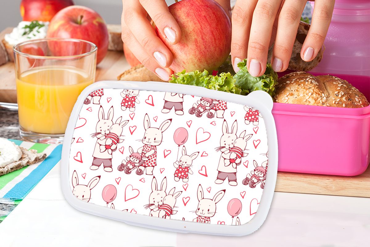 Brotbox Brotdose Kunststoff, - Liebe (2-tlg), für rosa Lunchbox Kinder, MuchoWow Kunststoff Kaninchen Snackbox, - Erwachsene, Mädchen, Muster,