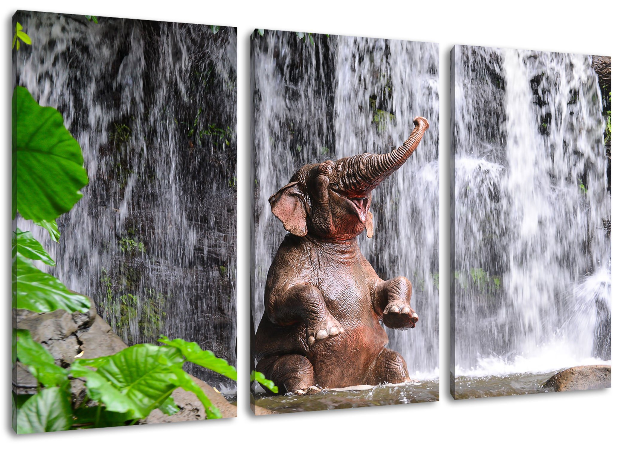 Pixxprint Leinwandbild Babyelefant am Wasserfall, Babyelefant am Wasserfall 3Teiler (120x80cm) (1 St), Leinwandbild fertig bespannt, inkl. Zackenaufhänger