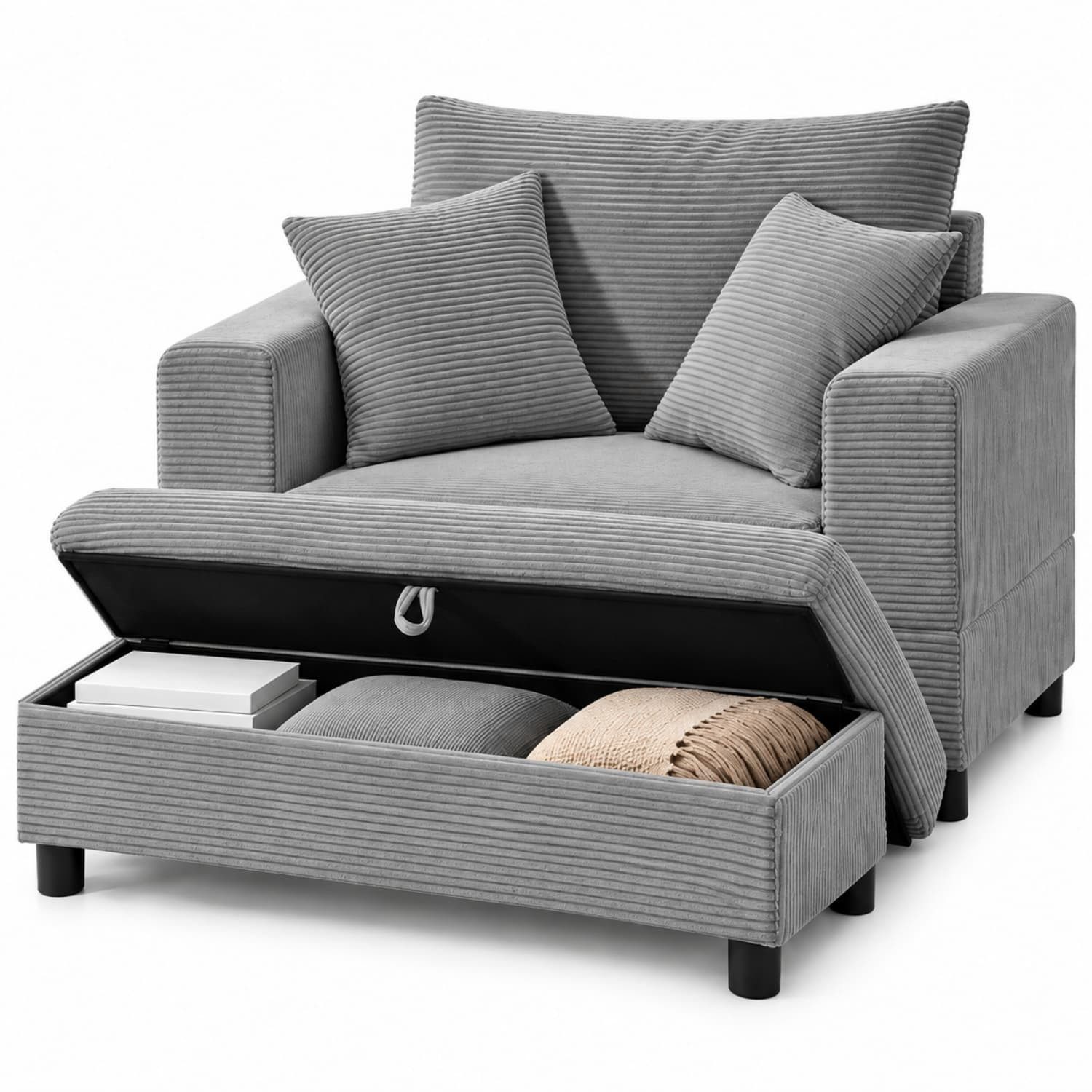 ANYSUN XXL-Sessel Loveseat mit Stauraumhocker, breiter Sitzfläche & 3 Rückenkissen (2-St), Cordsessel mit gepolsterten Armlehnen für Wohnzimmer & Leseecke,Grau