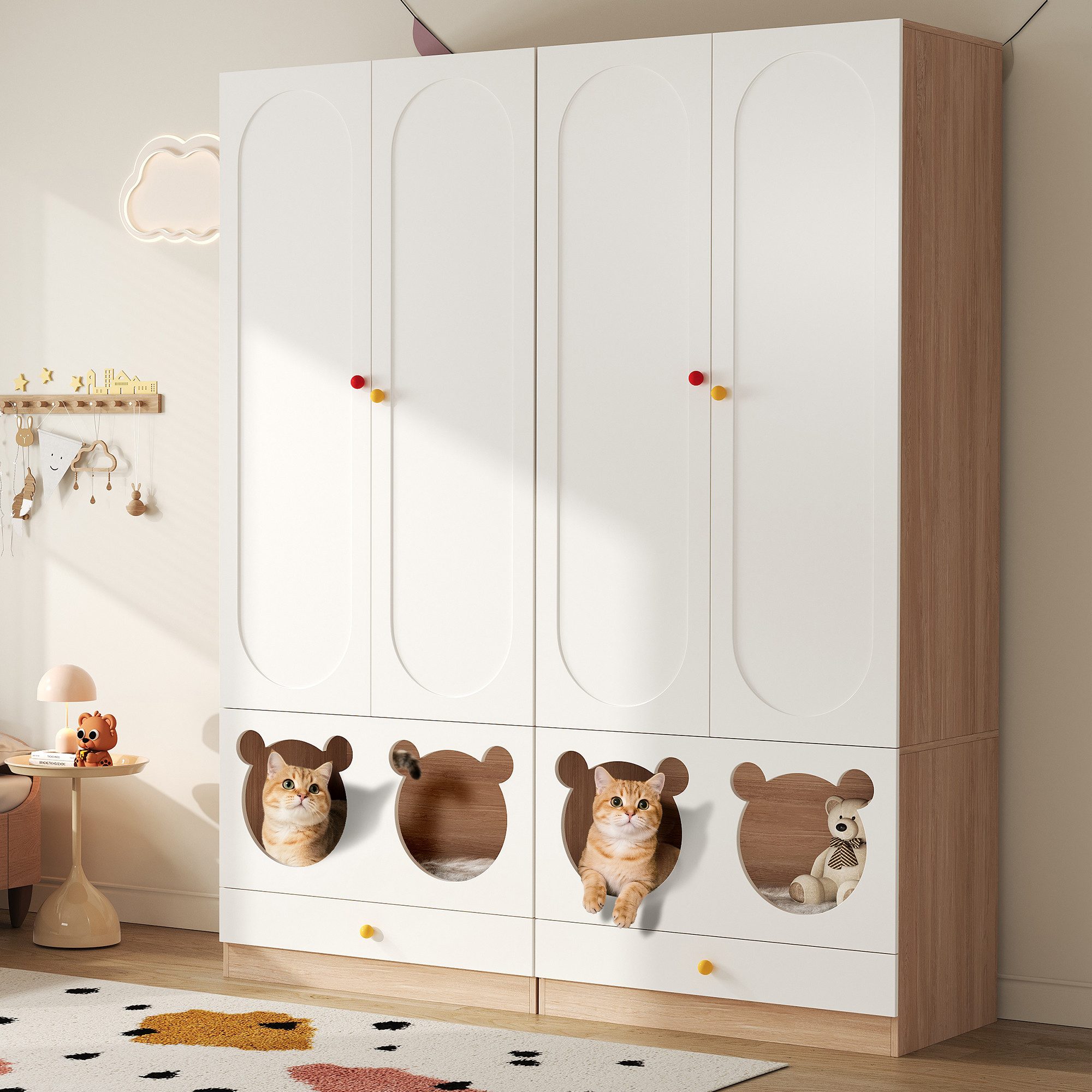 STILVORA Kleiderschrank mit Katzenbett,2er-Set Kinderkleiderschrank Garderobe mit Bügelstange (Flurschrank, 2-St., mit Bügelstange, Katzenbett) Lackierte Platten + Spanplatte, bunte Keramikgriffen