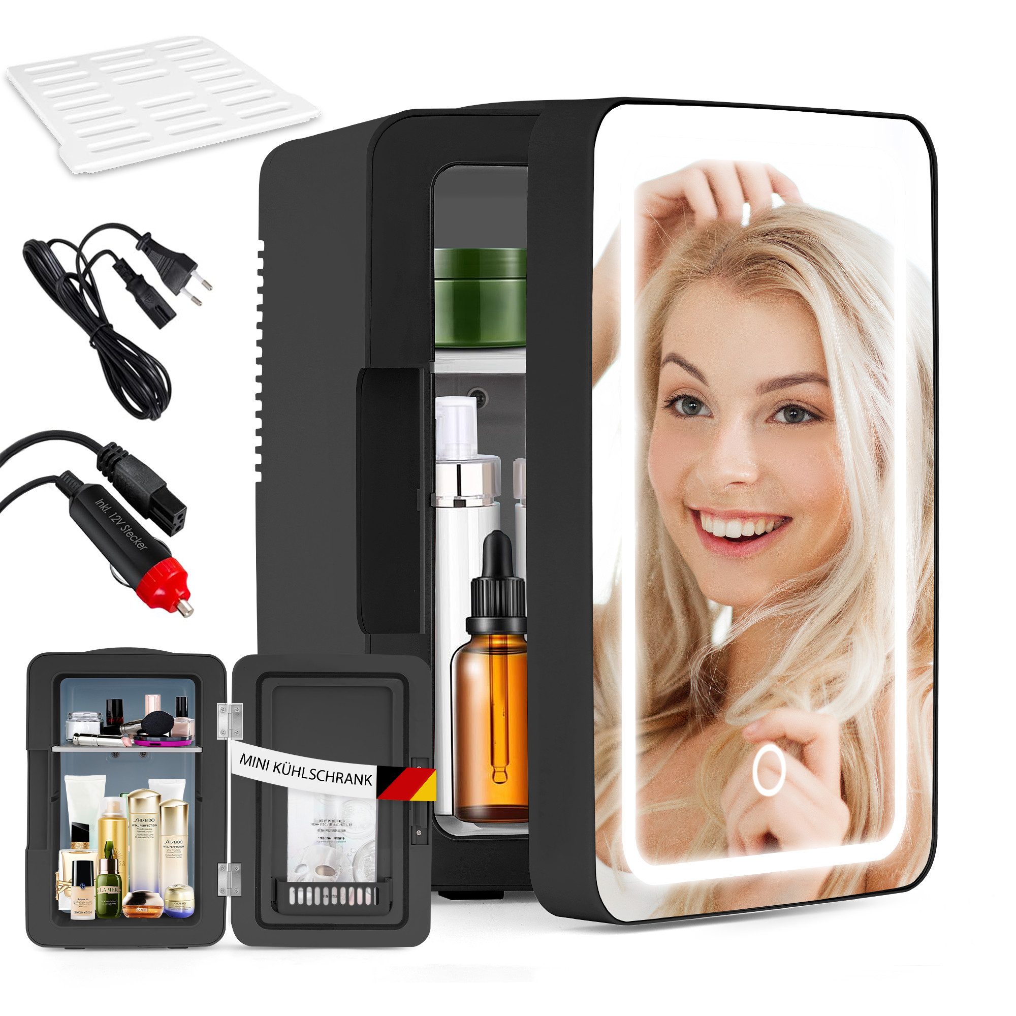 Nettlife Kühlbox 6L Klein Kühlschrank 12V 230V Mini Skincare Kühlschrank 19.5*27*30 CM, mit Spiegel&LED-Beleuchtung für Kosmetik Schönheitspflege