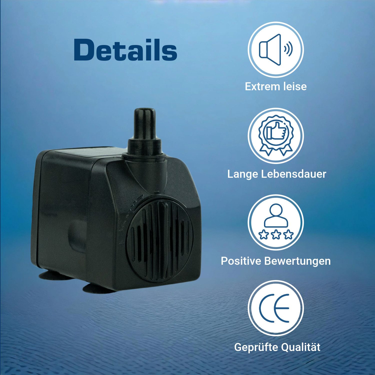 KERRY Springbrunnenpumpe Wasserspiel-Pumpe 12 V – 450 L/H, nur 5 Watt, 7m Kabel, extrem leise (3-tlg)