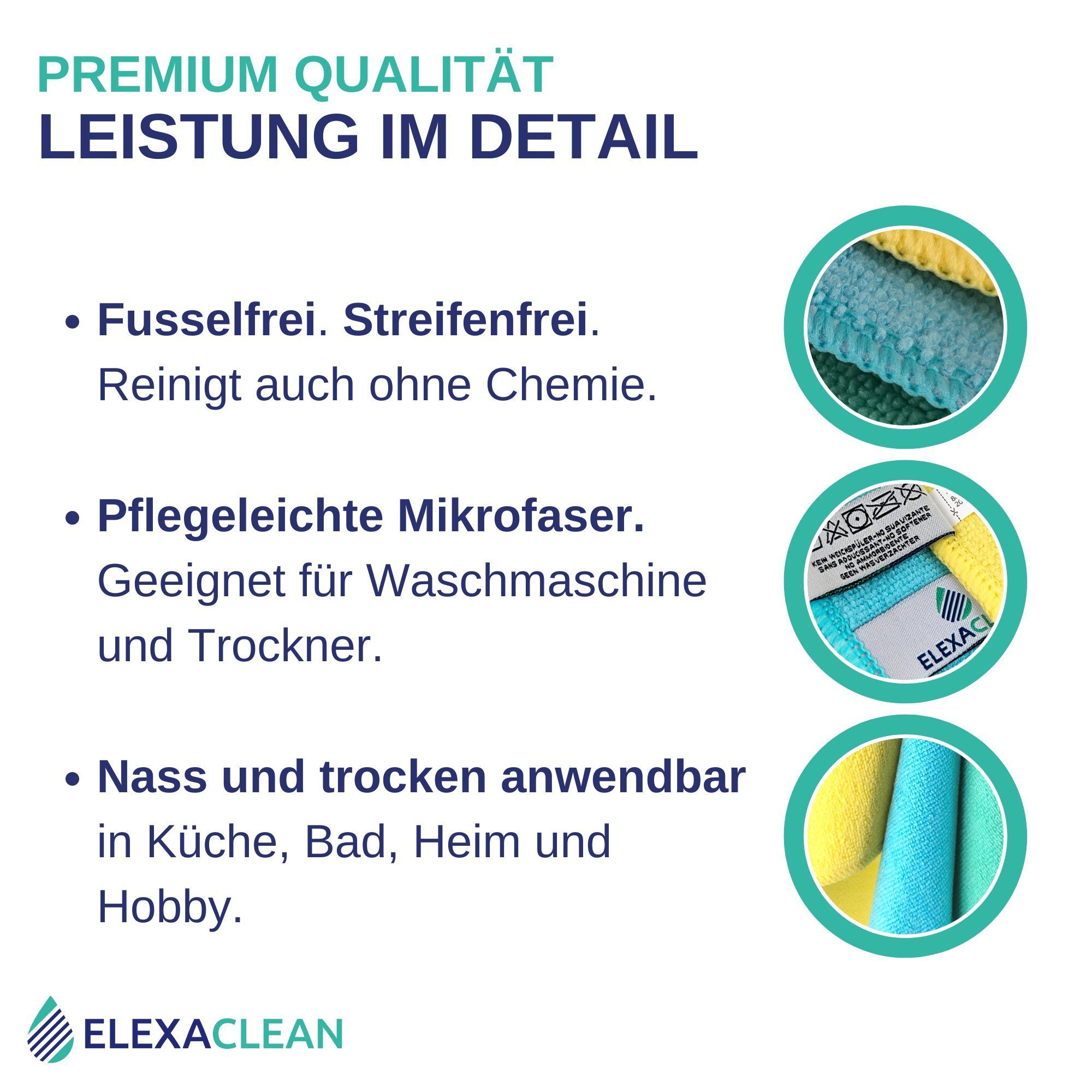 ELEXACLEAN Universal Reinigungstücher Mikrofasertuch (80% Polyester, 20% Polyamid (Mikrofaser), 30x30 cm, Set, 24-tlg., 30x30 cm, fusselfrei, streifenfrei, saugfähig)