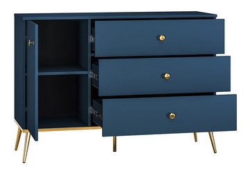 Feldmann-Wohnen Sideboard Marine (1 Tür, 1 Einlegeboden, 3 Schubladen, 1 St., 1-teilig, goldene Metallgriffe, goldene Metallfüße), B/T/H 120 cm / 40 cm / 85 cm dunkelblau / gold