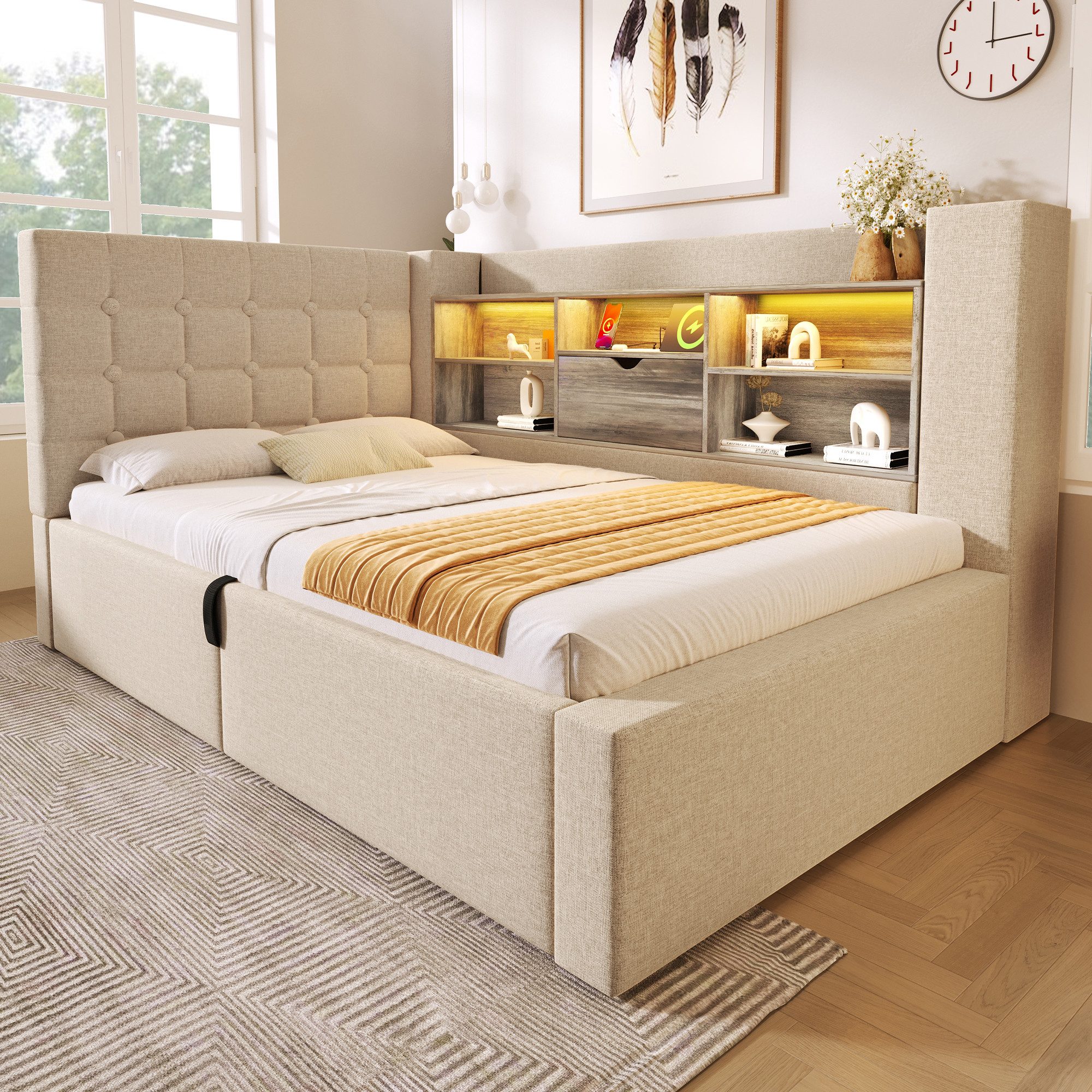 OKWISH Polsterbett Polsterbett 90x200 cm aus Leinen mit Stauraum und LED-Be günstig online kaufen