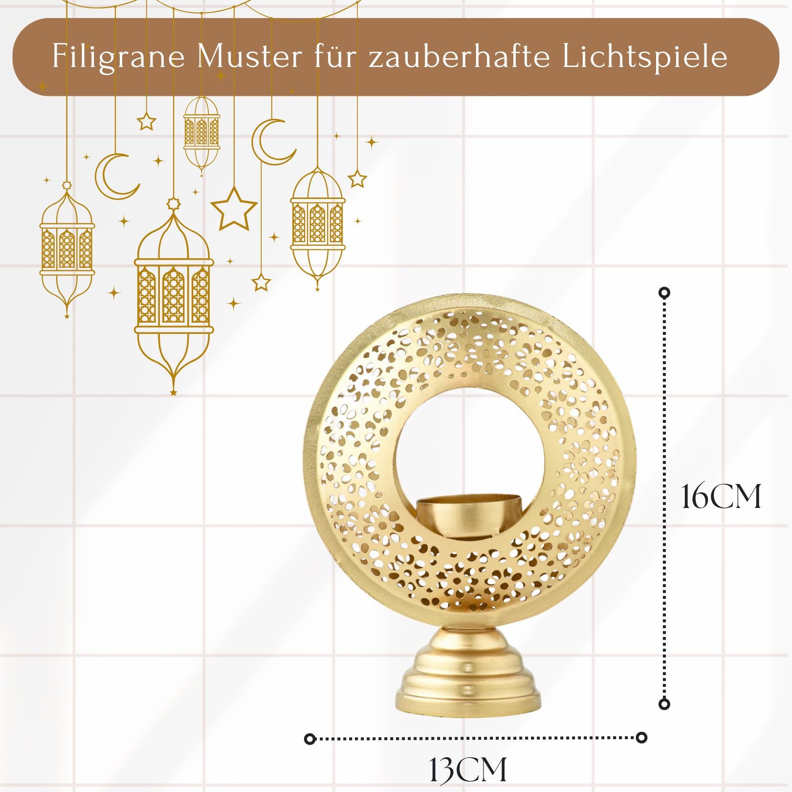 Marrakesch Orient & Mediterran Interior Teelichthalter Orientalischer Teelichthalter Amif edel aus Metall in Gold 16 cm hoch (1 St), Handarbeit