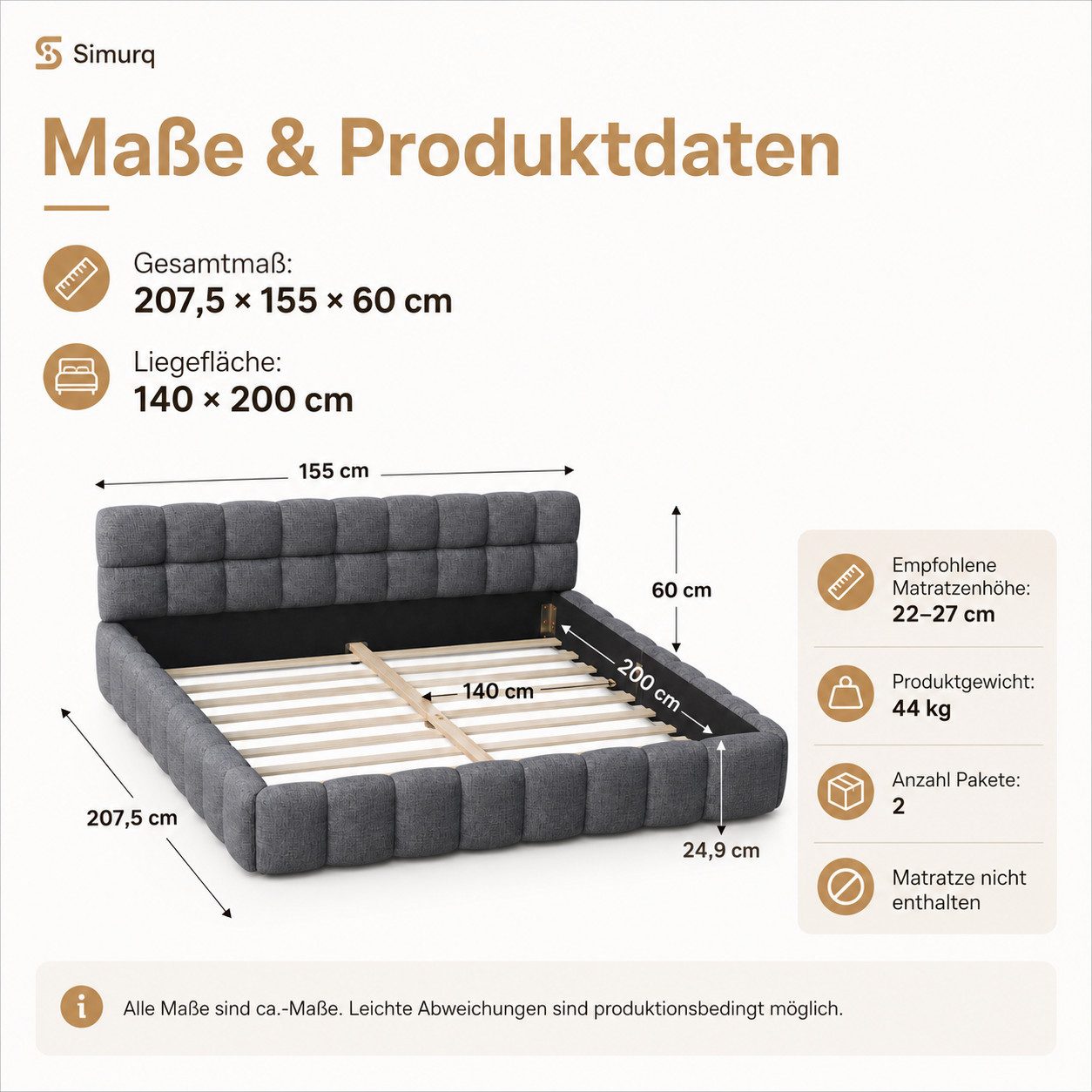 Simurq Polsterbett Doppelbett 140x200 cm, grauer Leinenstoff. (Polsterbett ohne Matratze, Polsterbett ohne Matratze), Matratzenhalterung, 250 kg Tragkraft – Bild 2 von 5