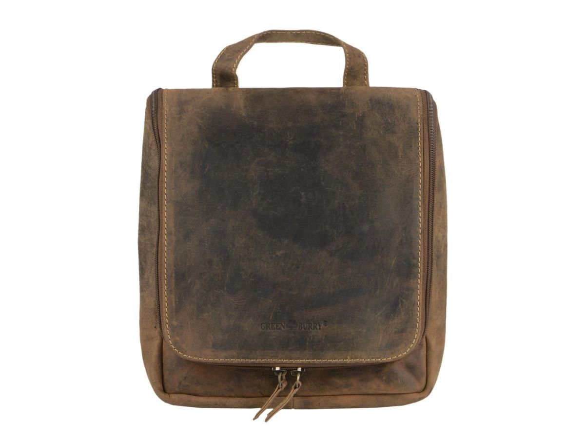 Greenburry Kulturbeutel "Vintage" Leder 22x25cm, Kosmetikbeutel, Waschtasche, für Damen und Herren, braun