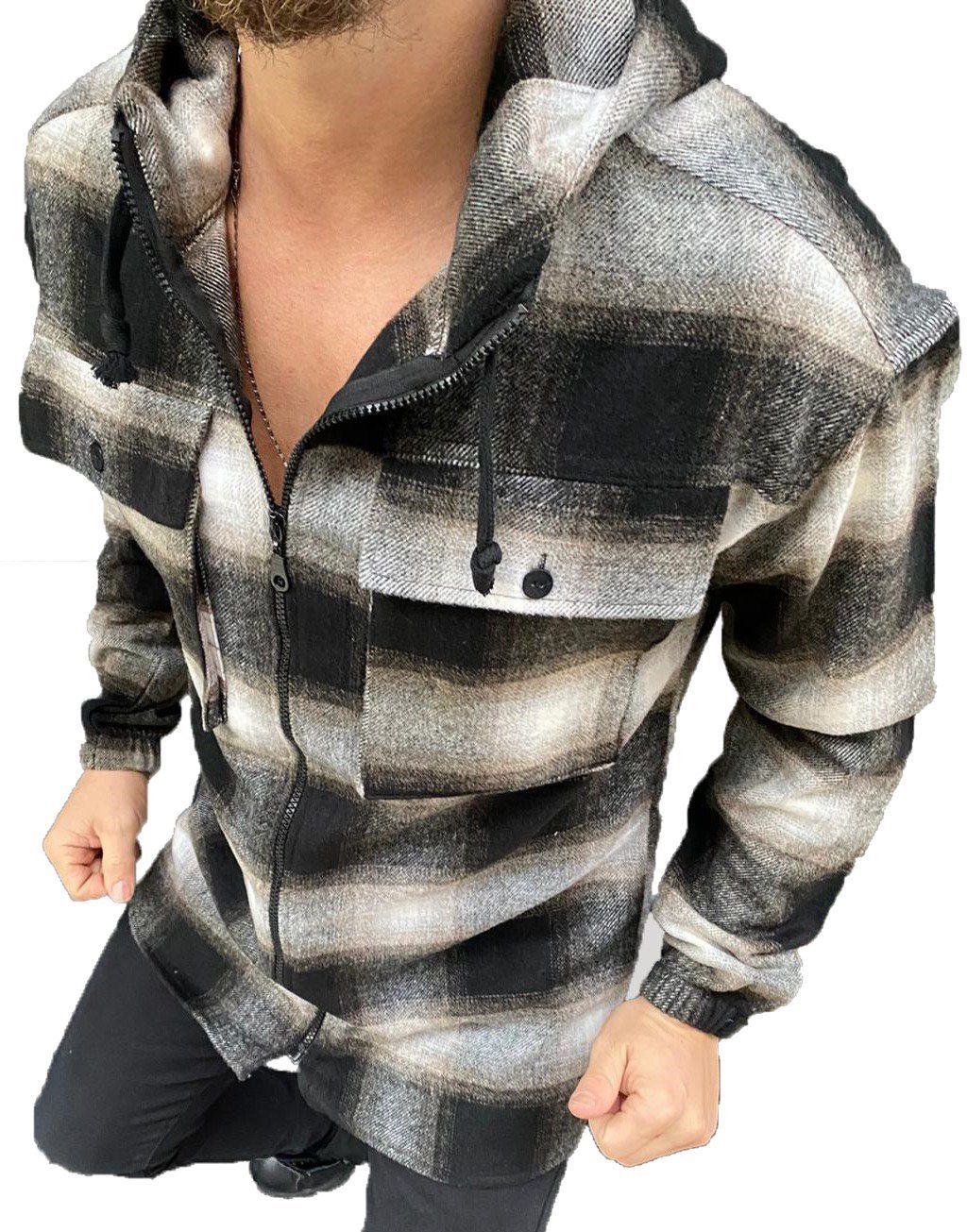 Megaman Jeans Flanellhemd Megman Herren Hemd Baumwolle mit Kapuze