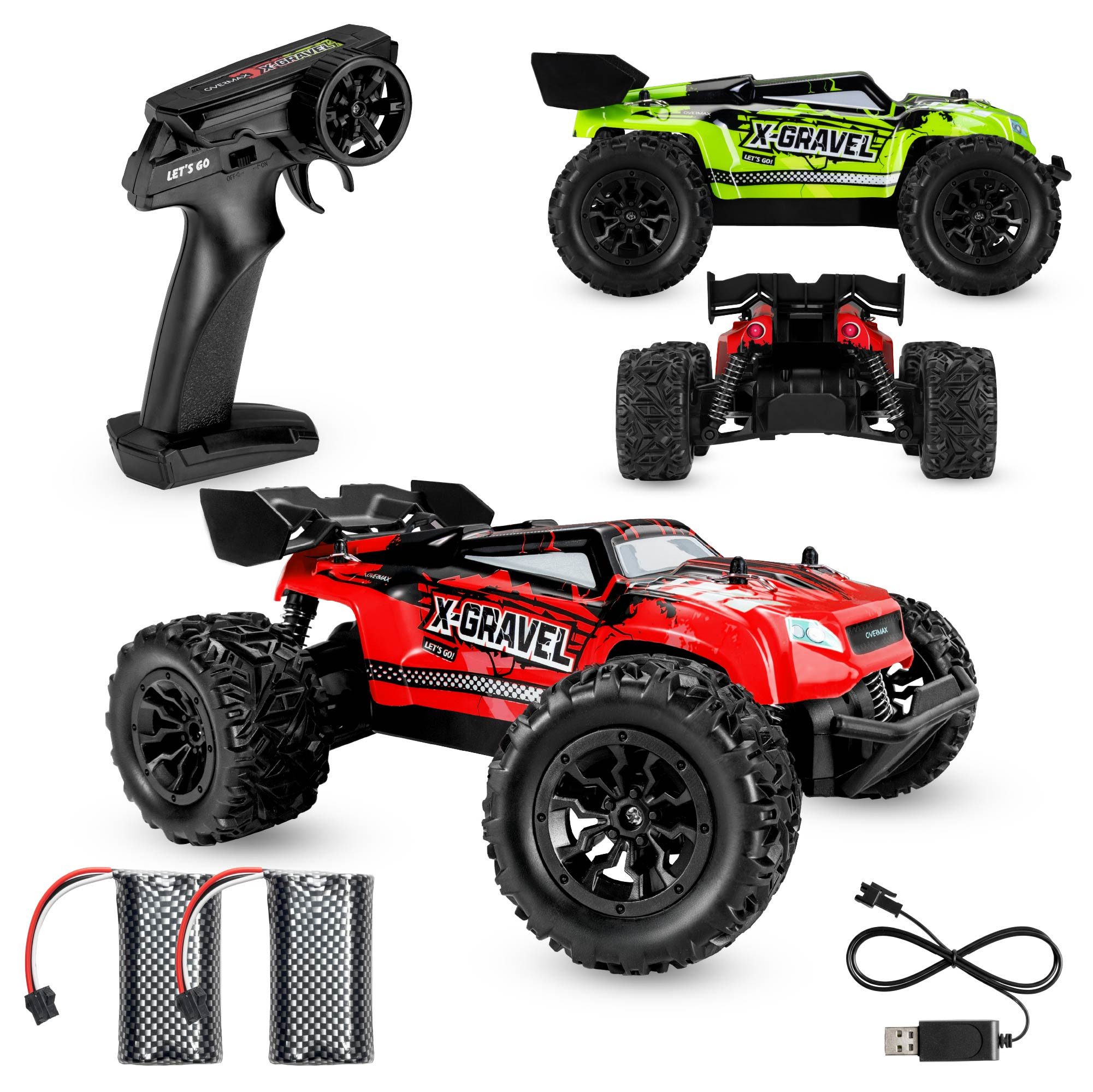 Overmax RC-Auto OV-X-GRAVEL (Set, Komplettes Set mit Werkzeugen und Ersatzteilen), Allradantrieb/30Min Fahrzeit/6cm Offroad‑Räder/2 Karosserien