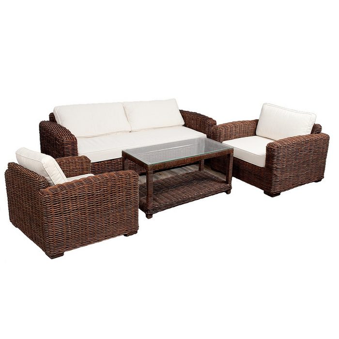 LebensWohnArt Sofa 4tlg. Loungemöbel-Set Sitzgruppe LIVING Natural Brown Rattan