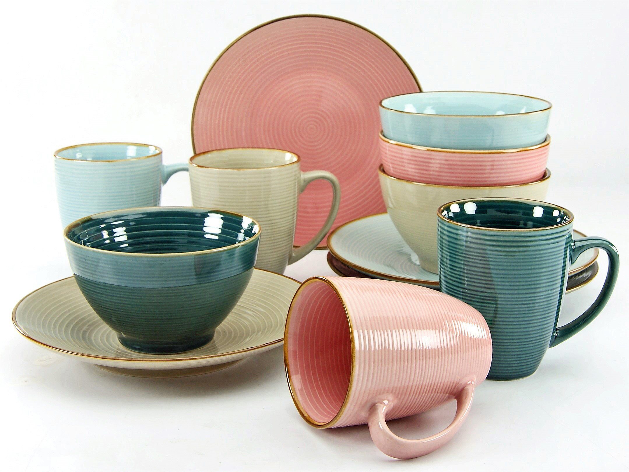 CreaTable Frühstücks-Geschirrset Service, Cosy Morning (Teller, Schale, Kaffeebecher) (12-tlg), 4 Personen, Steinzeug, Kreisstruktur, in Pastell-Farben, 12 Teile, für 4 Personen