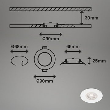 Briloner Leuchten LED Einbauleuchte 7036-036, LED fest verbaut, Warmweiß, 3er Set, weiß, ultraflach, dimmbar über Wandschalter, IP44, 6,8 cm