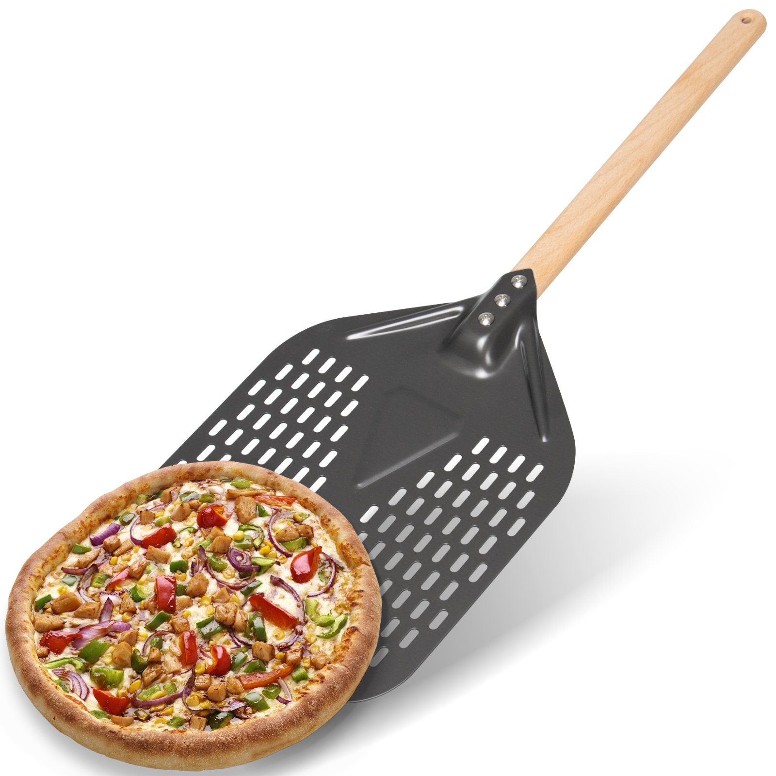 Gotoll Pizzaschieber GL701-BK, Aluminium Pizzaschaufel Pizzawender Pizzaheber mit Holzgriff | Pizzaschneider