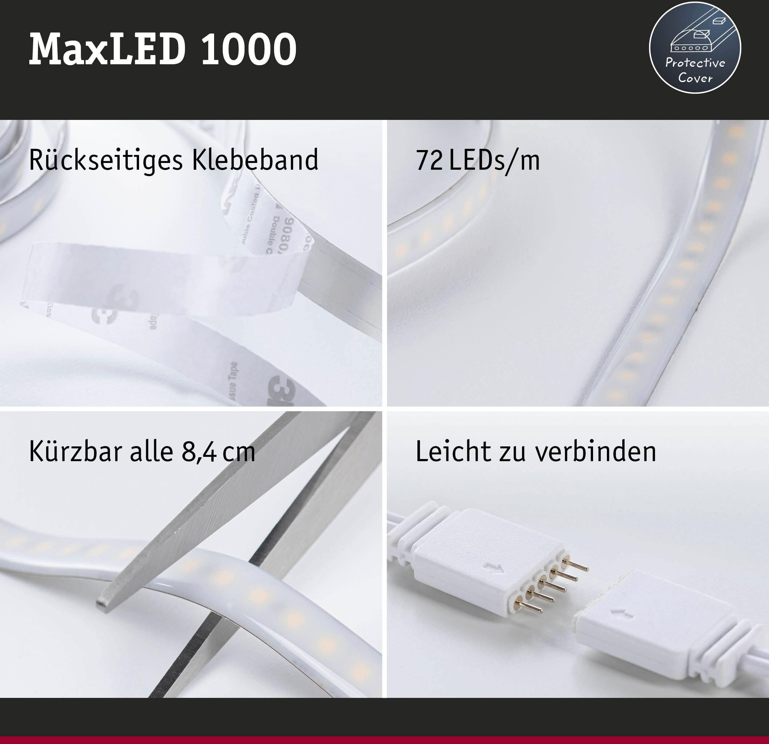 Paulmann LED-Streifen MaxLED 1000 230/24V Silber, IP44 1,5m 1-flammig, 50VA Basisset 3000K 18W Cover RGBW