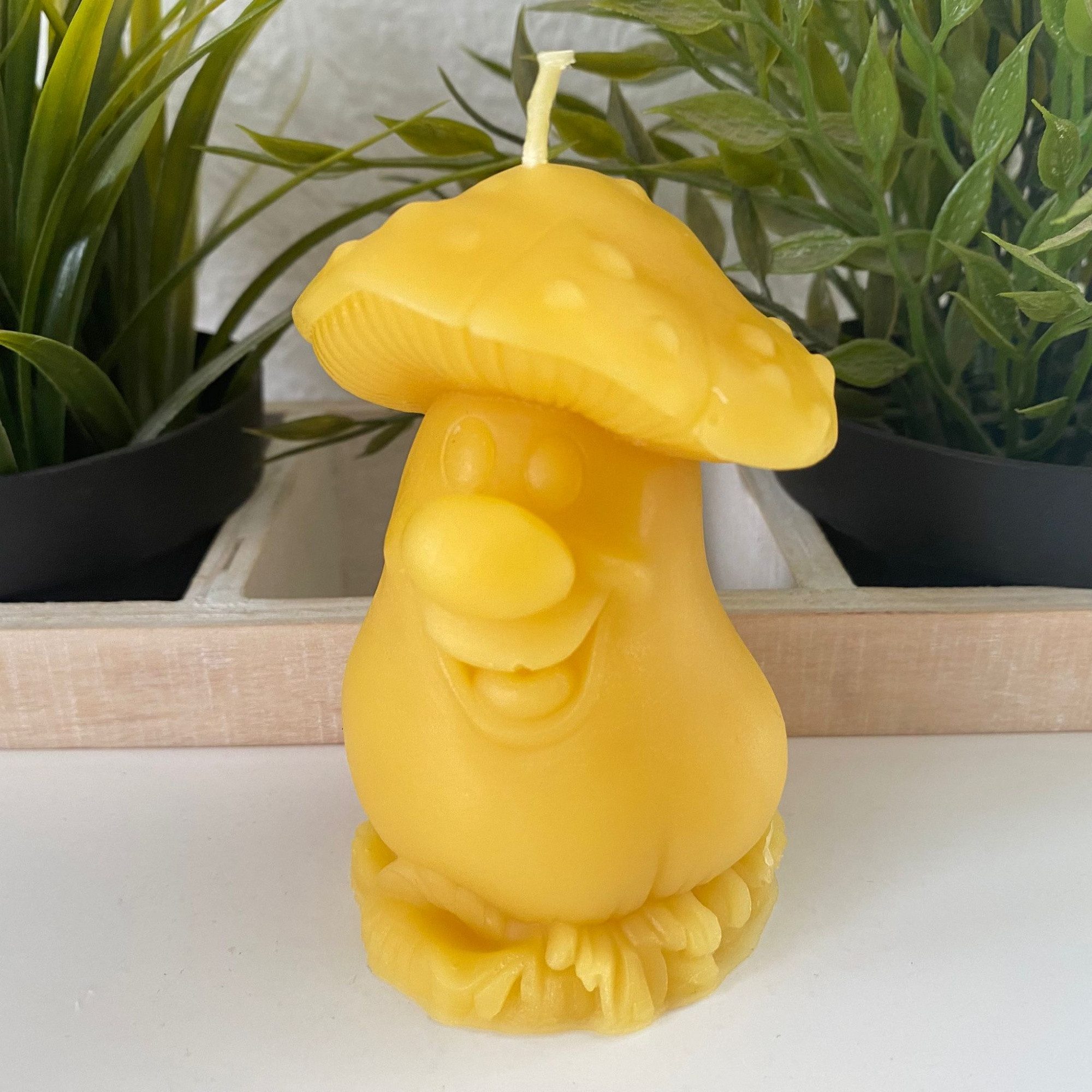 Aspinaworld Bienenwachskerze Pilz Kerze Fliegenpilz mit Gesicht 10 cm natur – auf Pilzkranz (1-tlg)