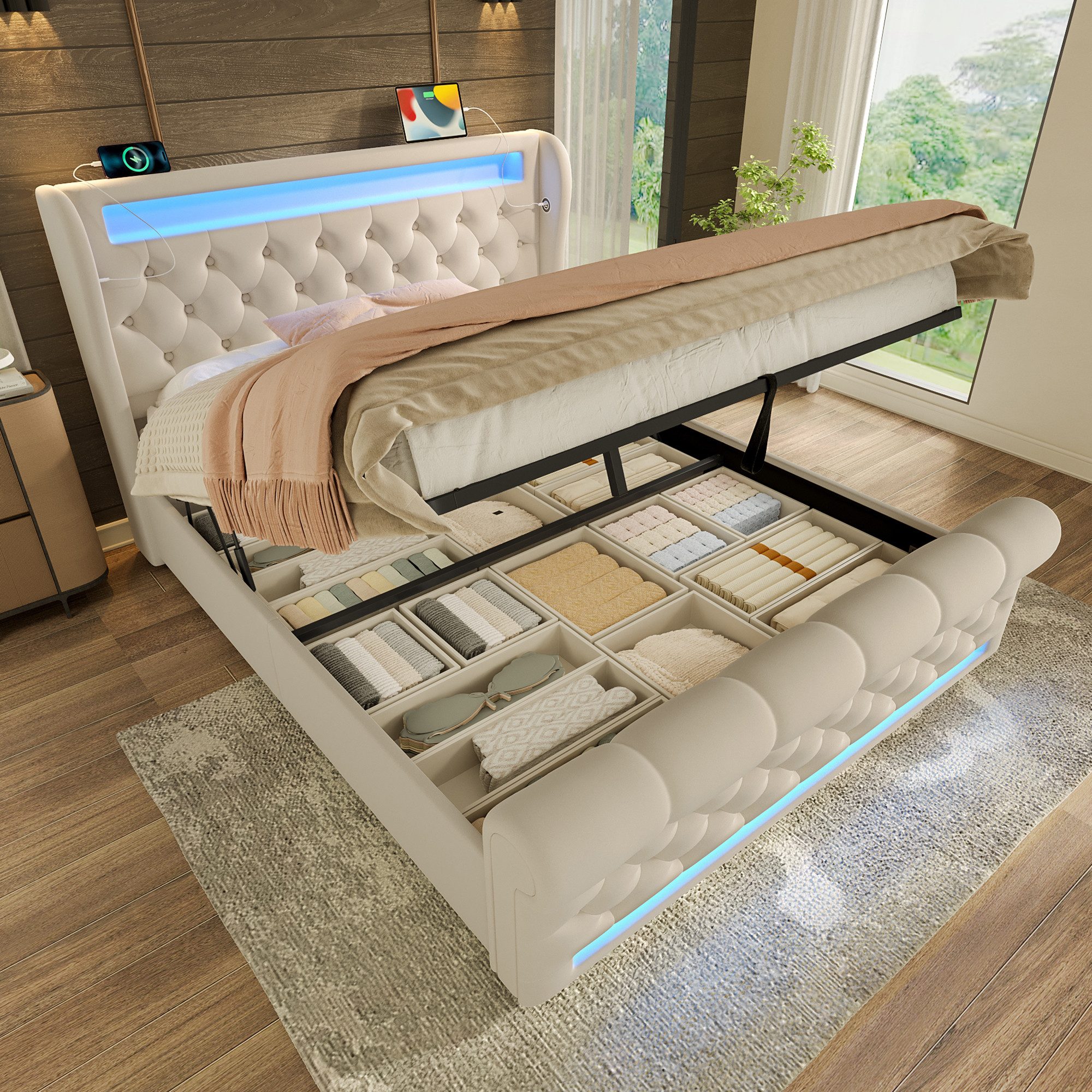 i@home Polsterbett mit Stauraum, LED & USB, Matratzenoption, Grau/Beige (Wahlweise mit Matratze), 90/140/160cm, viel Stauraum, modernes Design
