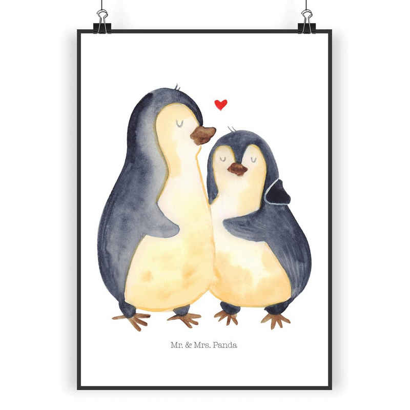 Mr. & Mrs. Panda Poster DIN A5 Pinguin umarmend - Weiß - Geschenk, Bild, Wanddeko Bild, Liebe, Pinguin umarmend (1 St)