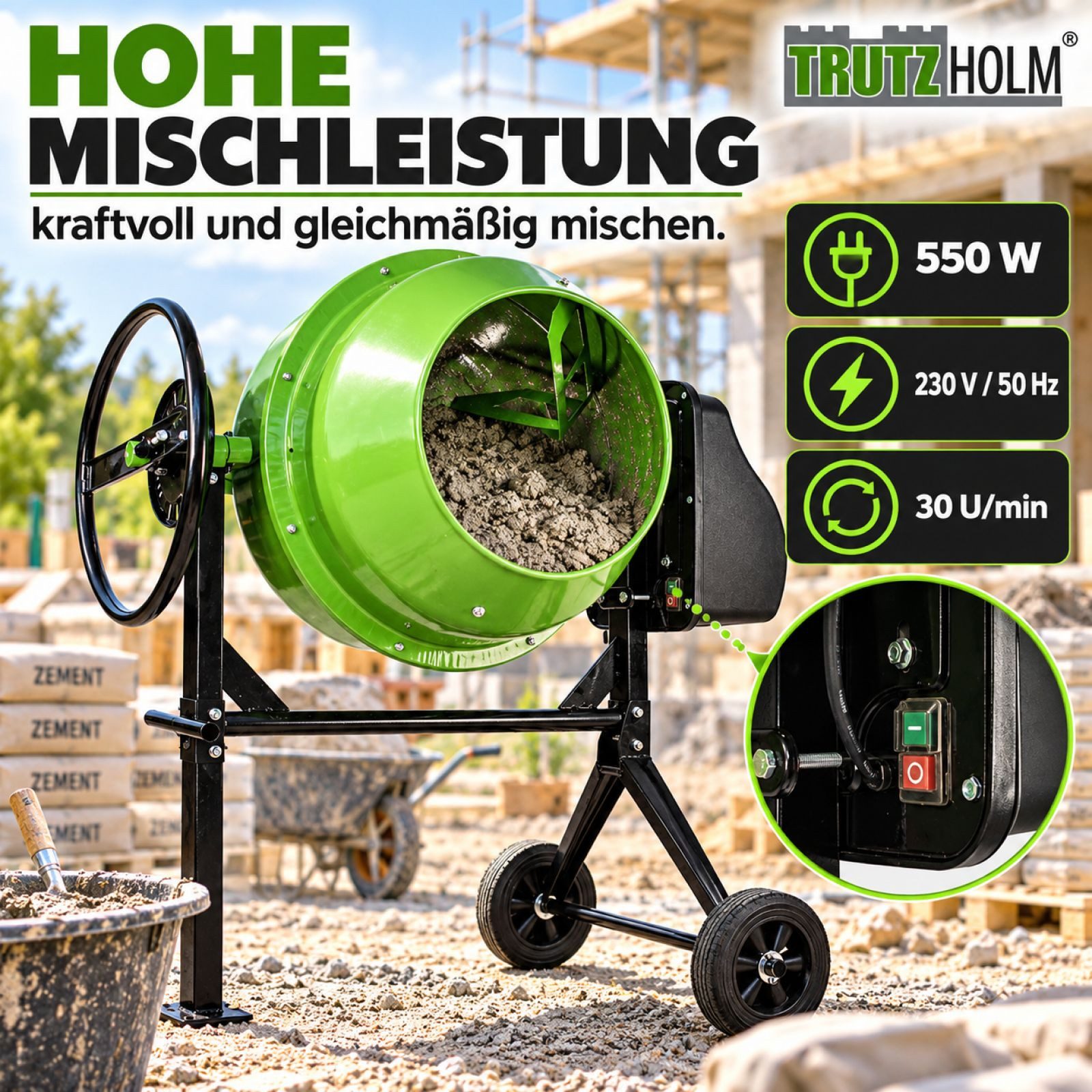 TRUTZHOLM Betonmischer 140 Liter 550 W 30 U/Min Zementmischer für Beton, Mörtel, Gips, (Artikel, 1 St), stabil – Bild 4 von 5