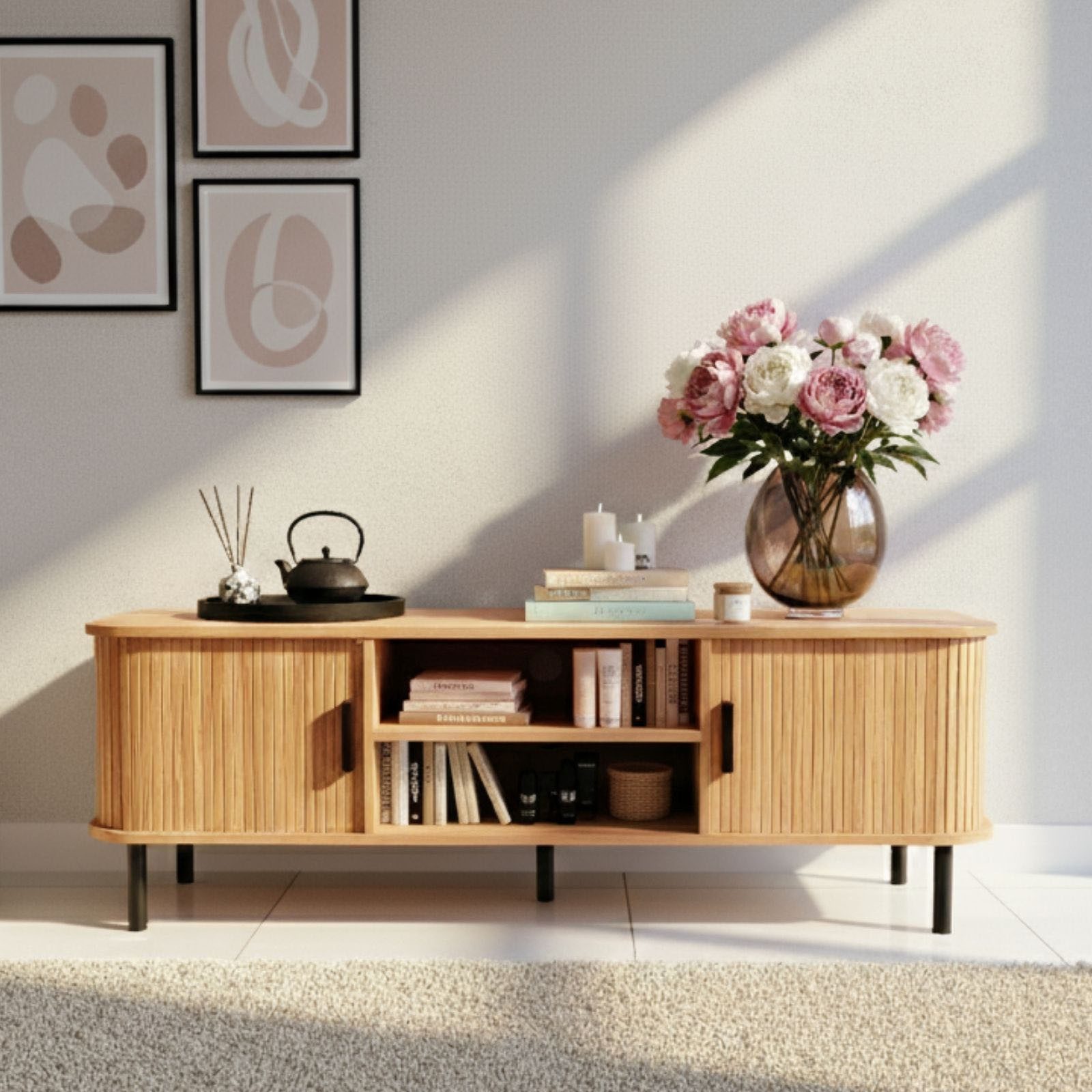 EDAXO Regal TV-Schrank SCAVA, geriffelt, 140 x 40 x 46 cm, TV-Schrank / Sideboard, Lamellenfront, Schiebetüren, Kabelöffnungen