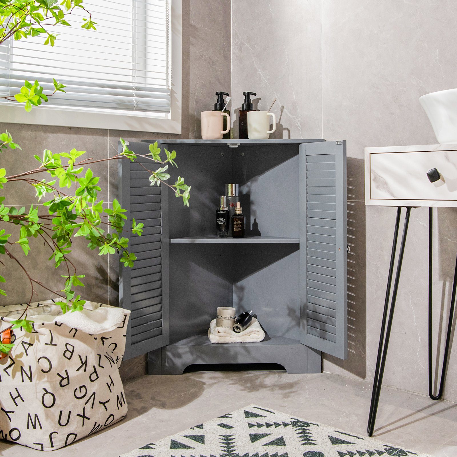 COSTWAY Eckschrank Sideboard mit Lamellentür, verstellbarem Regal, 63x32x81,5cm