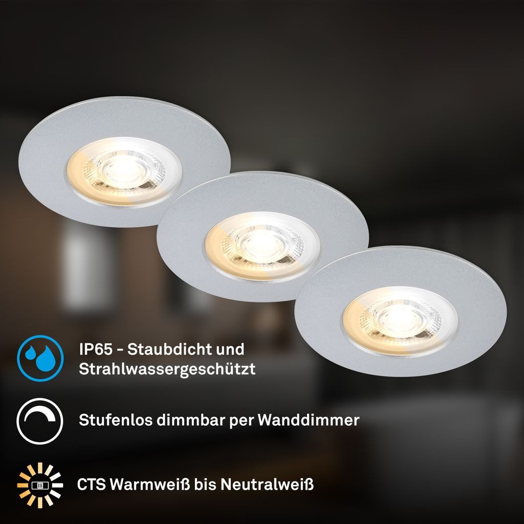 Briloner Leuchten LED Einbaustrahler LED Einbaustrahler 3er Set Schwenkbar CCT Dimmbar IP65, LED fest integriert, 4000K - Neutralweiß, 2700K - Extra-Warmweiß, 3000K - Warmweiß, 90x27 mm, Wohnzimmer, Flur