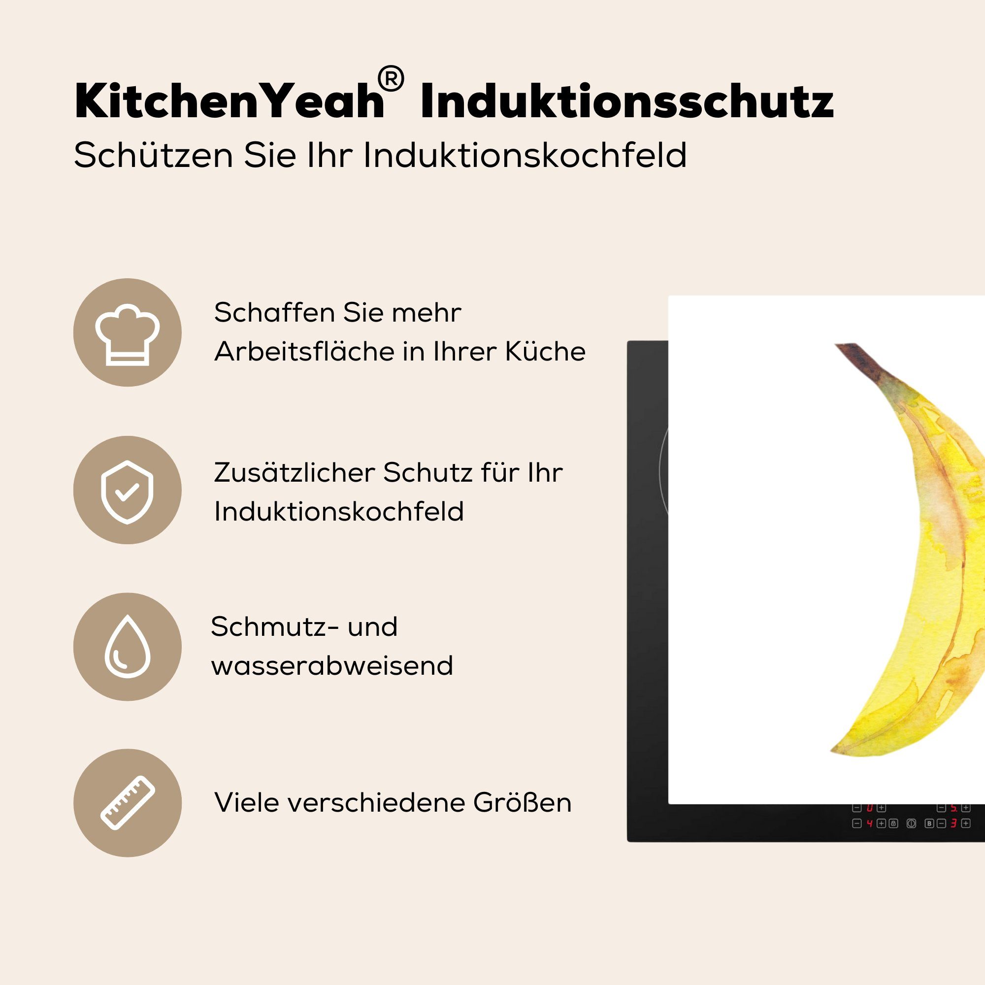 - Arbeitsplatte MuchoWow Weiß, für Banane Vinyl, tlg), Aquarell (1 78x78 Ceranfeldabdeckung, cm, küche - Herdblende-/Abdeckplatte