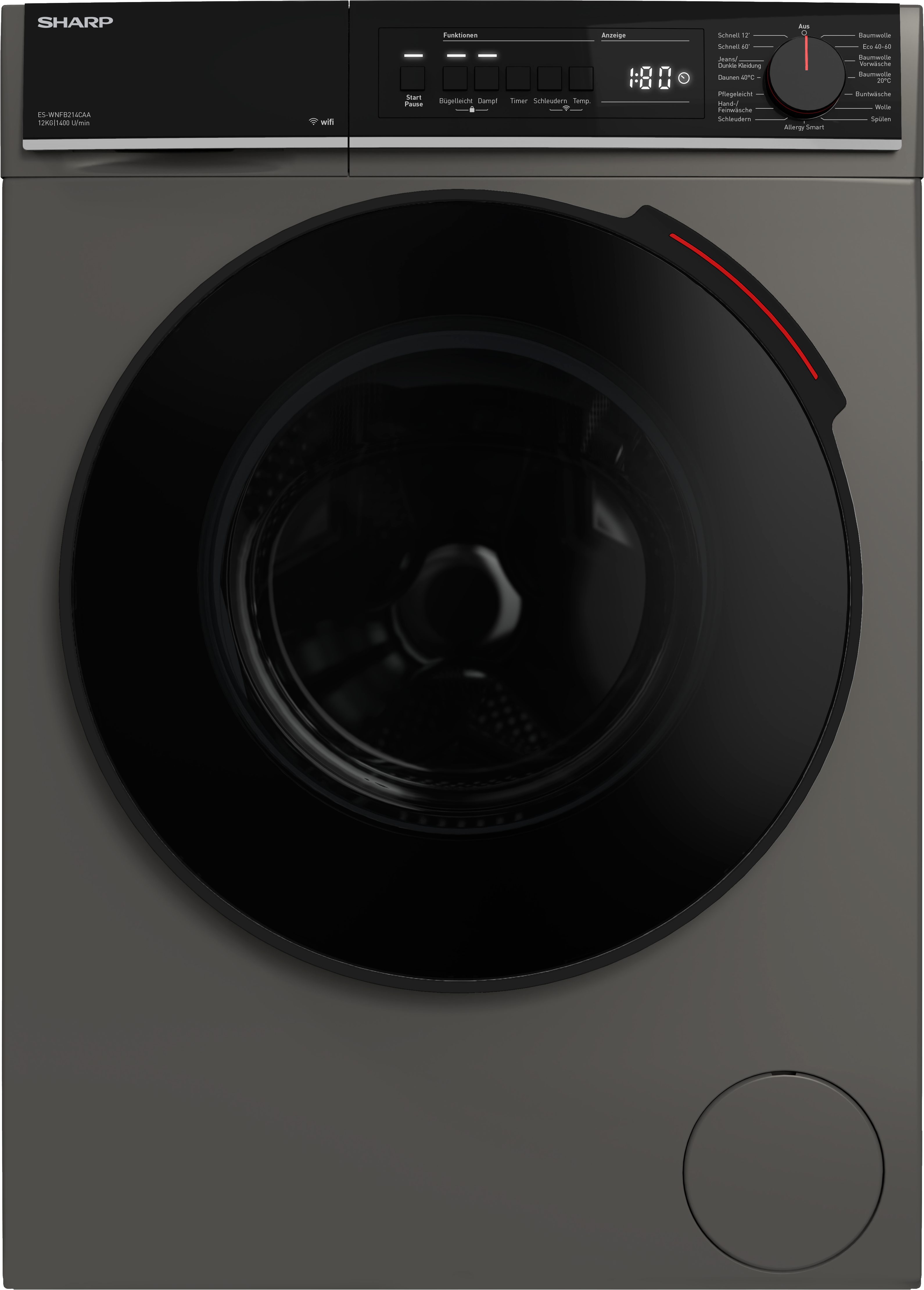 Sharp Waschmaschine ES-WNFB214CAA-DE, 12 kg, 1400 U/min, 12kg / +WIFI / A-20% / black Doorring+knob / Steam / Espresso Grey